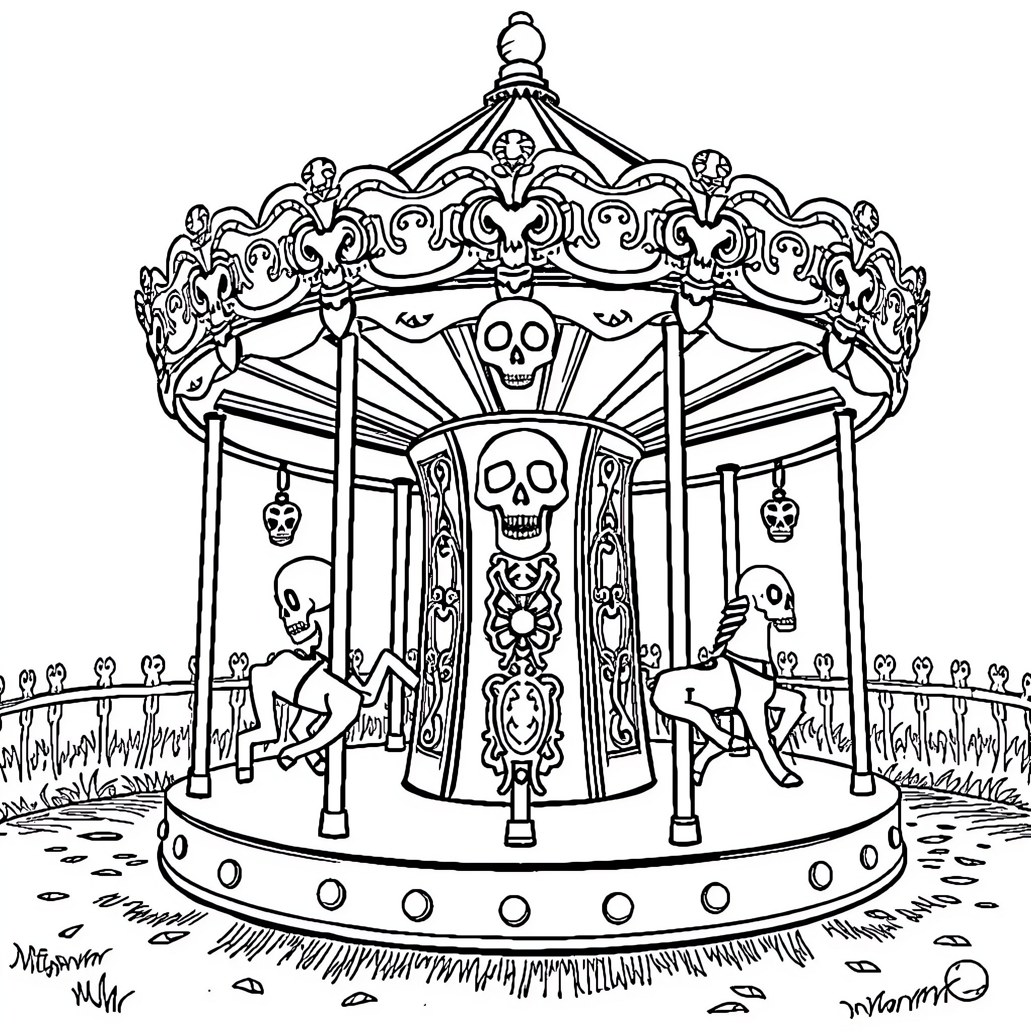 Merry Go Round of Haunting Halloween Delights Coloring Page (free black-and-white line drawing printable PDF for all, from beginners to advanced learners, including children, teens, adults, and seniors)