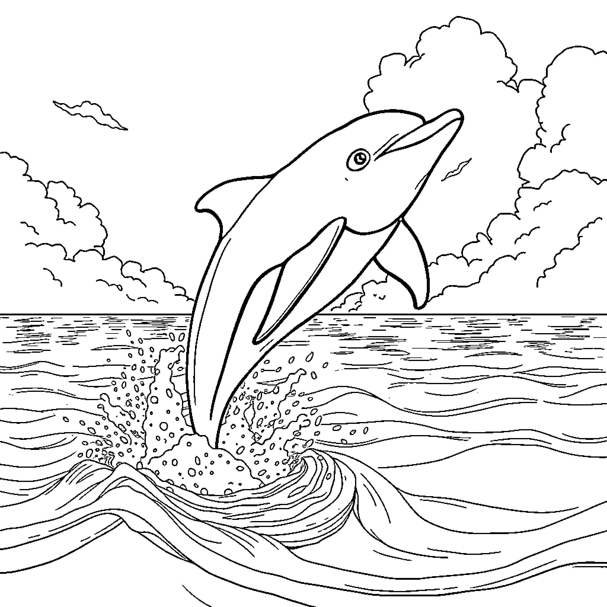 Dolphin jumping out of the ocean Coloring Page (free black-and-white line drawing printable PDF for all, from beginners to advanced learners, including children, teens, adults, and seniors)