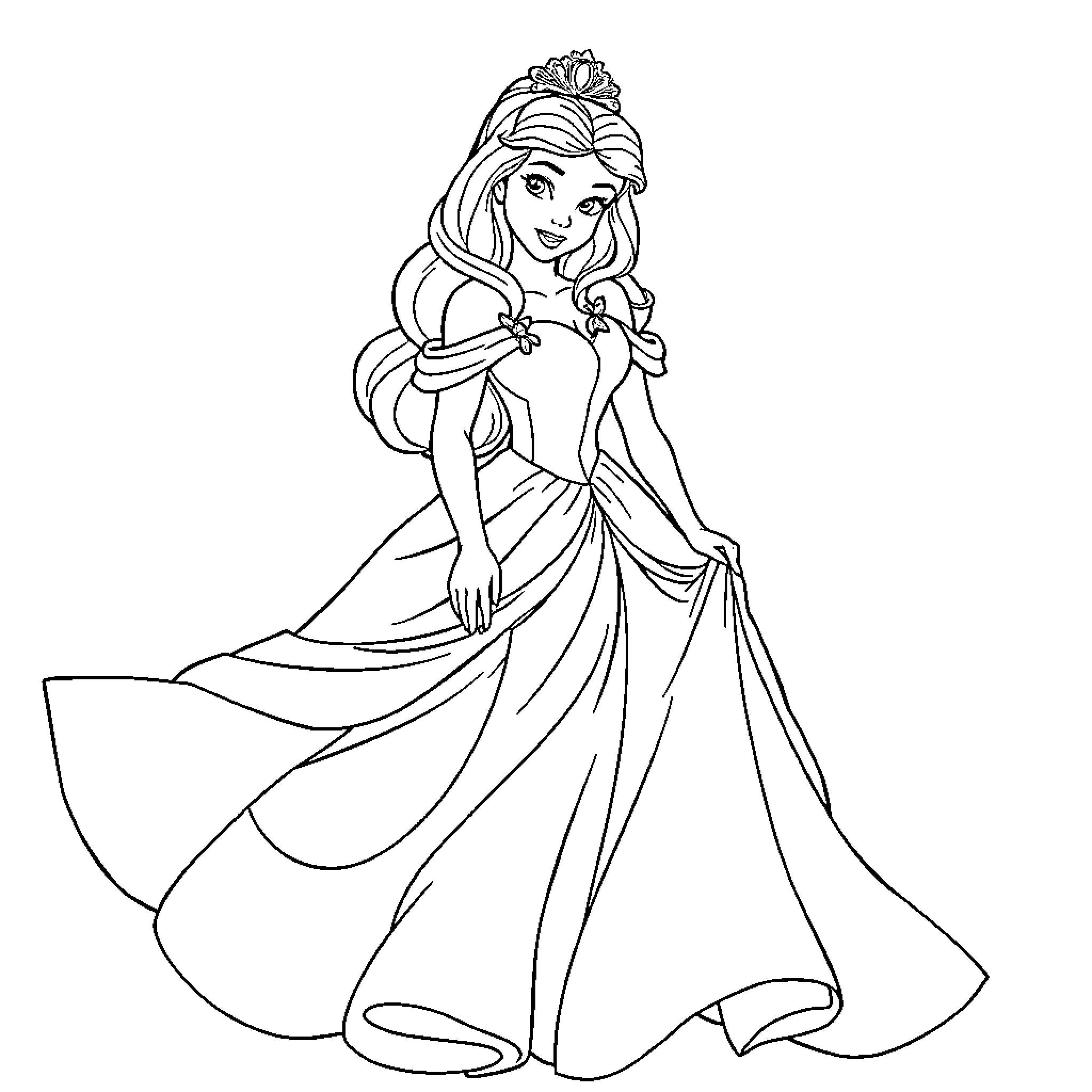 Princess in Elegant Dress Posing Coloring Page (free black-and-white line drawing printable PDF for all, from beginners to advanced learners, including children, teens, adults, and seniors)