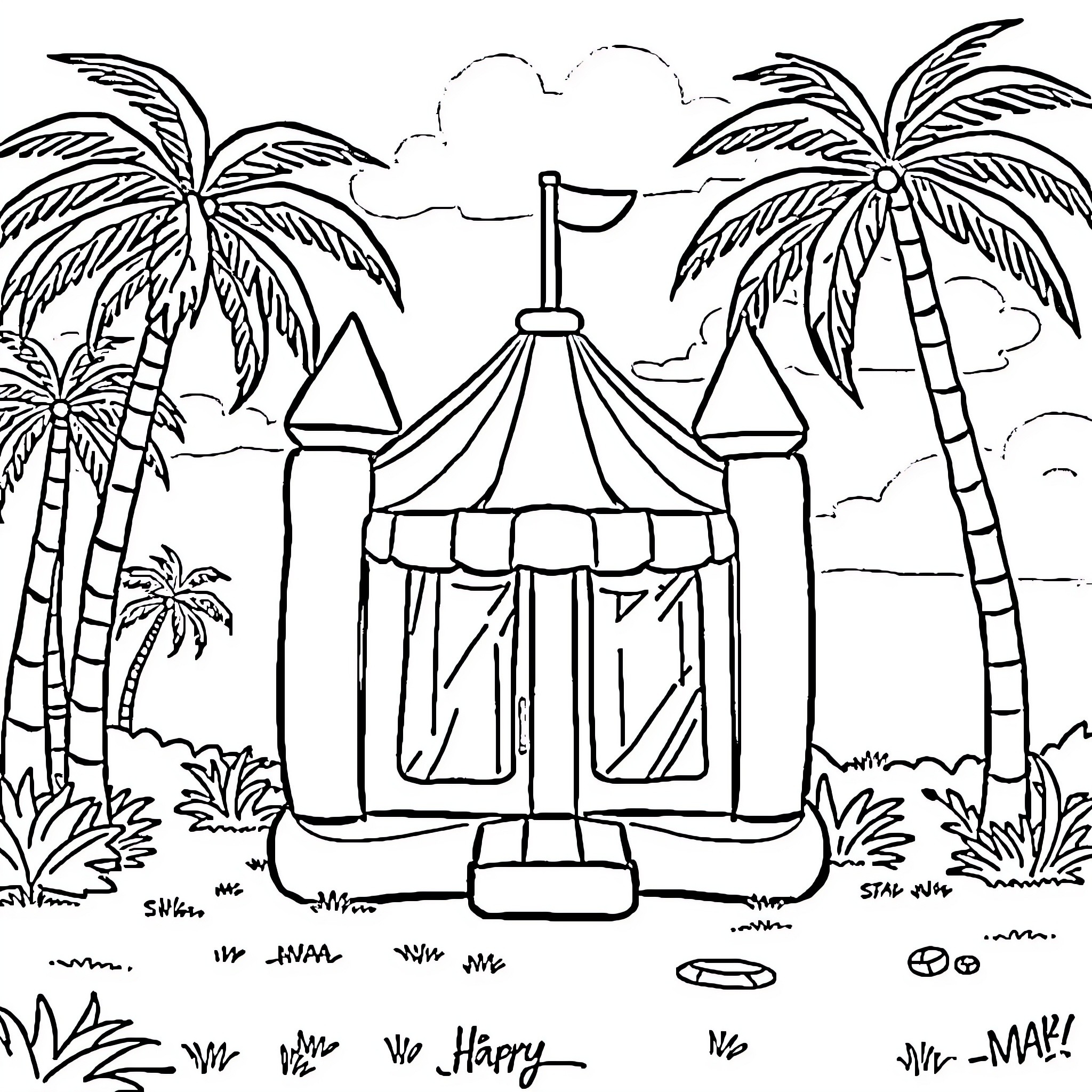 Bouncy House in Tropical Landscape Coloring Page (free black-and-white line drawing printable PDF for all, from beginners to advanced learners, including children, teens, adults, and seniors)