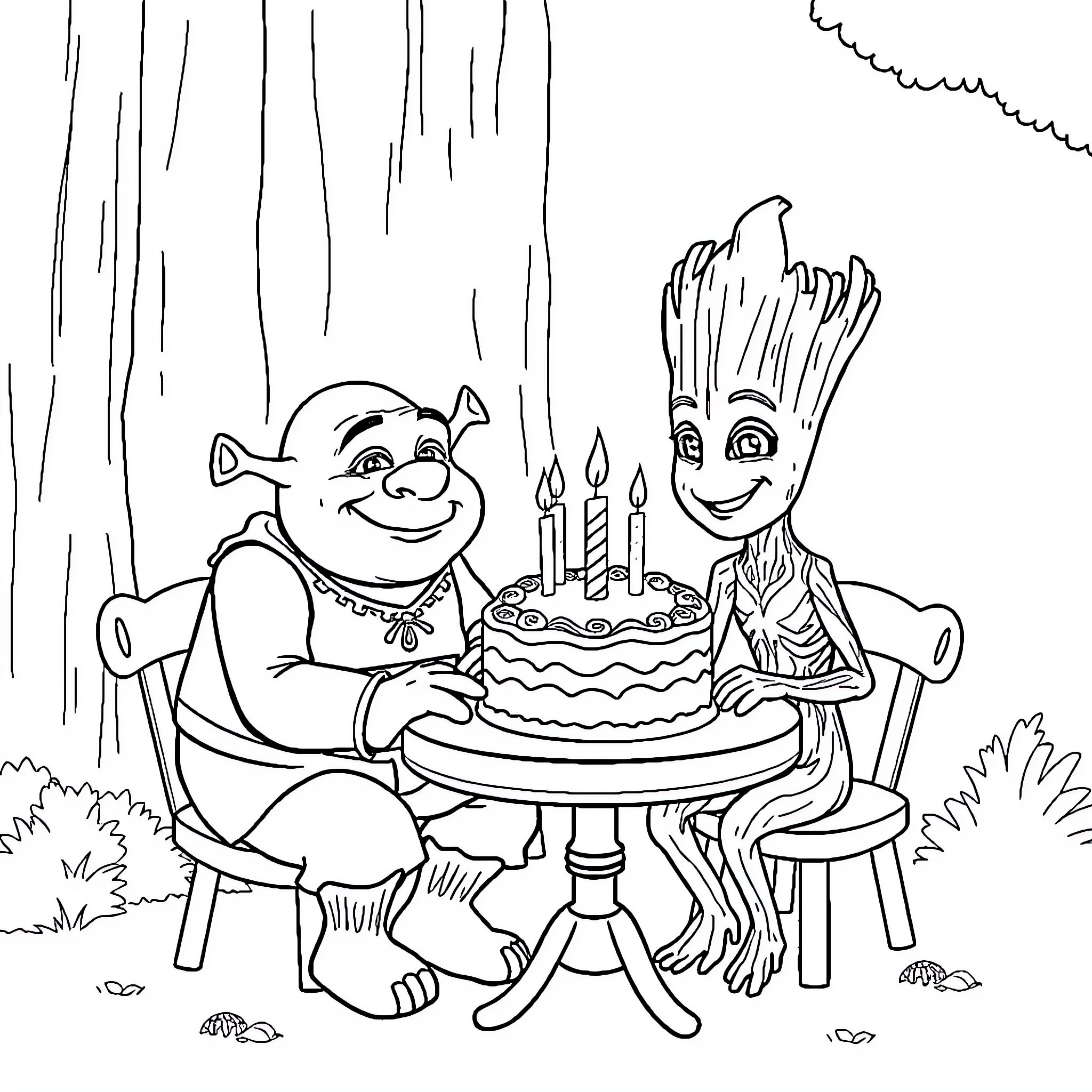 Shrek and Groot Celebrate with a Birthday Cake Coloring Page (free black-and-white line drawing printable PDF for all, from beginners to advanced learners, including children, teens, adults, and seniors)