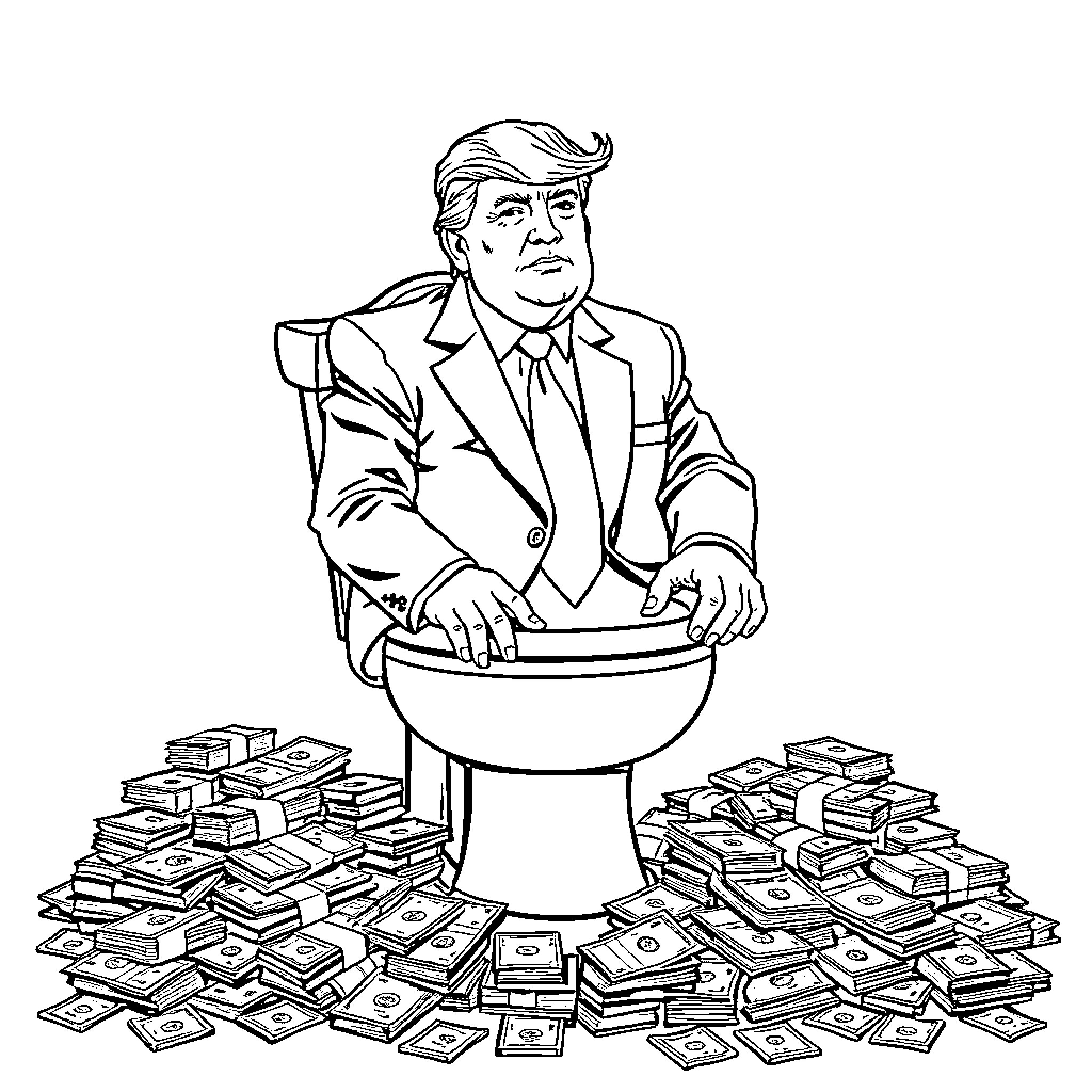 Donald Trump sitting at a desk surrounded by money Coloring Page (free black-and-white line drawing printable PDF for all, from beginners to advanced learners, including children, teens, adults, and seniors)