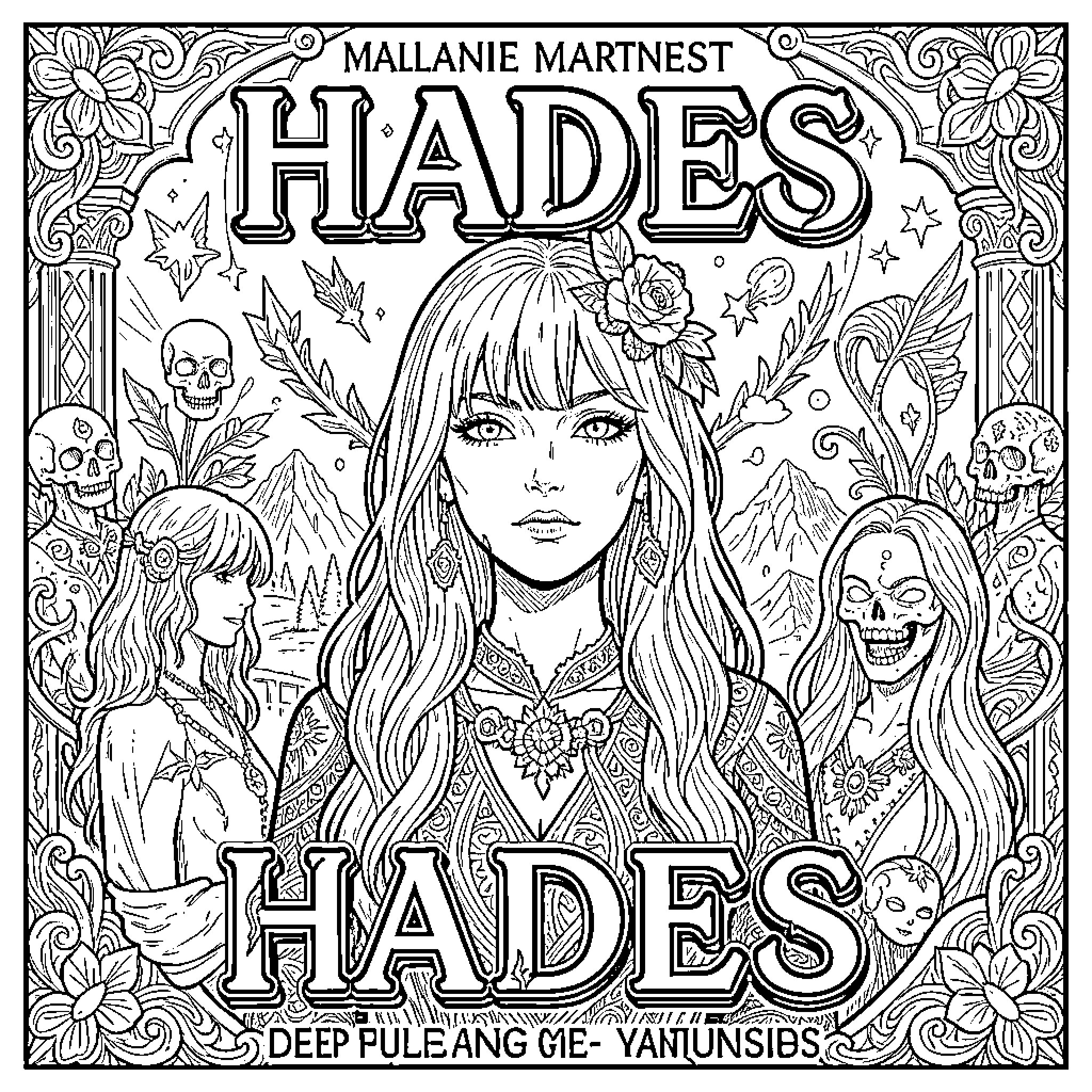 Melanie Martinez Hades: Detailed Fantasy Artwork Coloring Page (free black-and-white line drawing printable PDF for all, from beginners to advanced learners, including children, teens, adults, and seniors)
