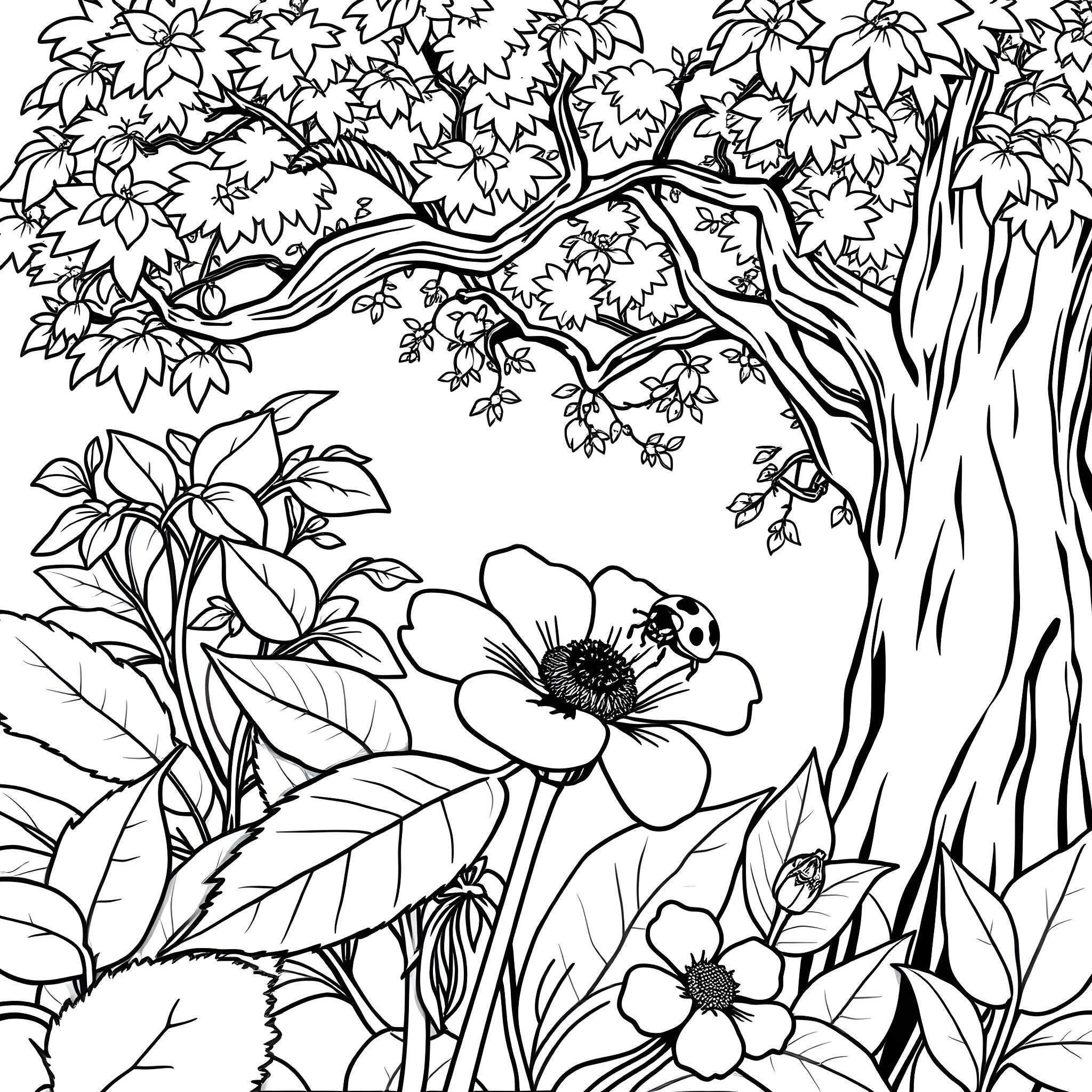 Ladybug exploring a vibrant floral landscape Coloring Page (free black-and-white line drawing printable PDF for all, from beginners to advanced learners, including children, teens, adults, and seniors)