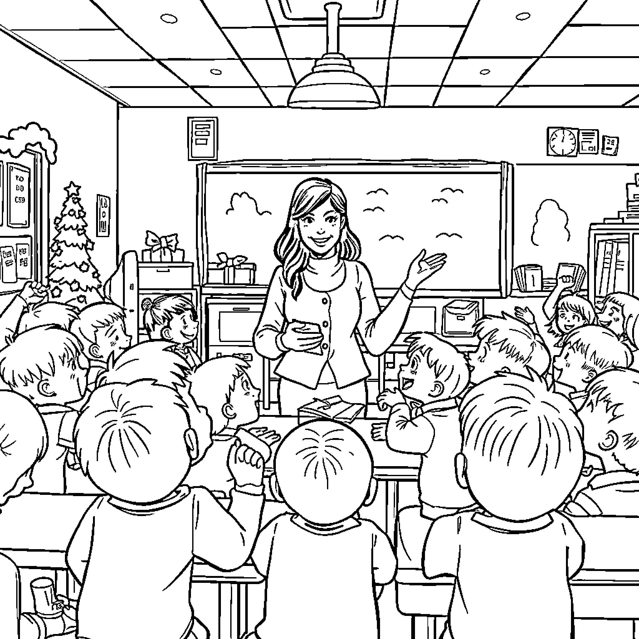 Teacher leads students in classroom discussion Coloring Page (free black-and-white line drawing printable PDF for all, from beginners to advanced learners, including children, teens, adults, and seniors)