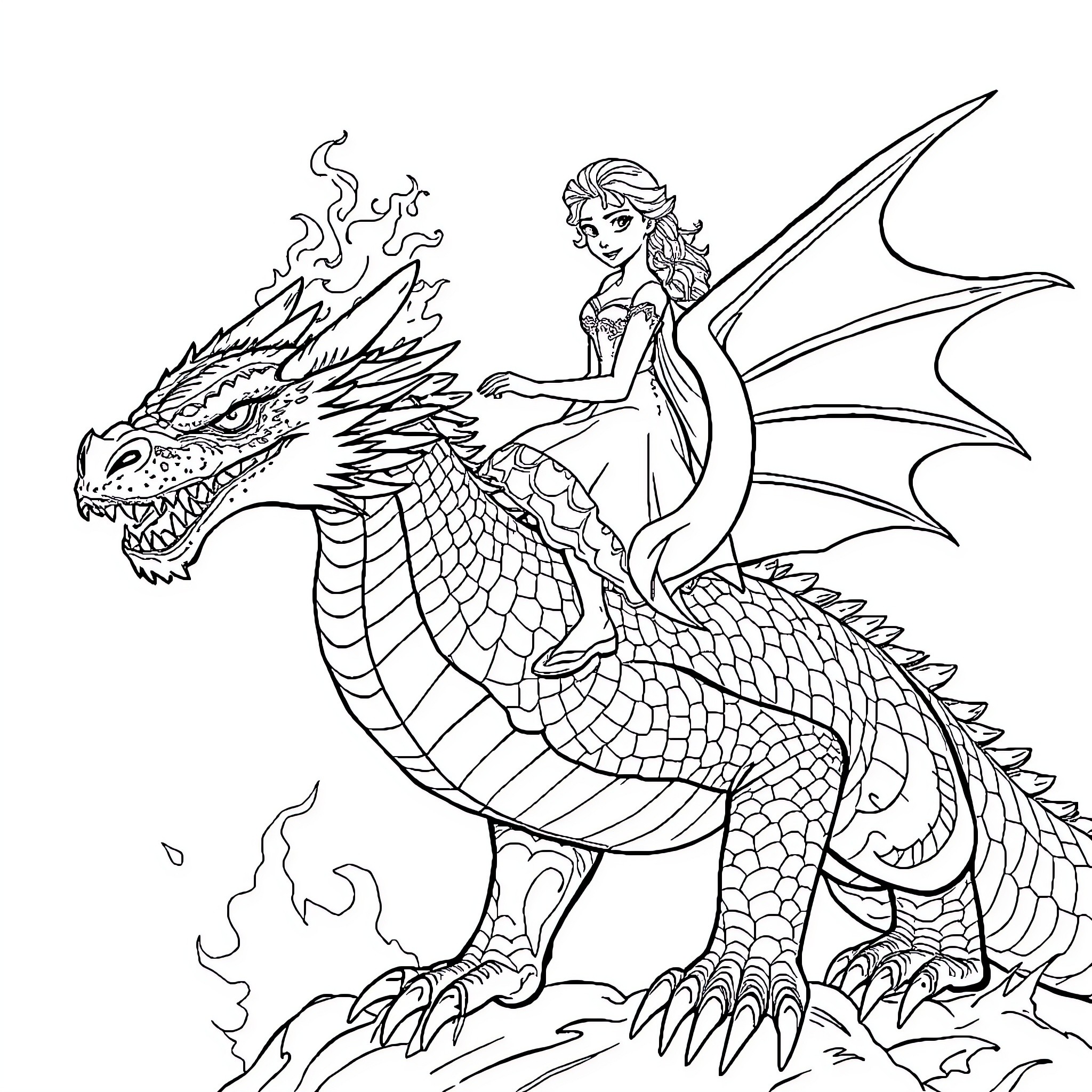 Elsa riding a magnificent dragon Coloring Page (free black-and-white line drawing printable PDF for all, from beginners to advanced learners, including children, teens, adults, and seniors)