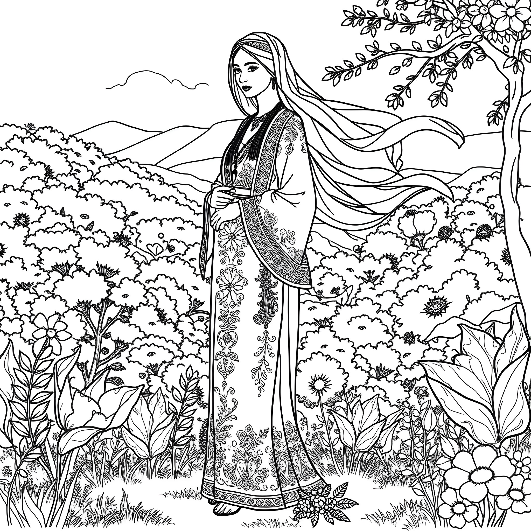 Syrian Clothing: Woman in Traditional Attire Admiring Nature Coloring Page (free black-and-white line drawing printable PDF for all, from beginners to advanced learners, including children, teens, adults, and seniors)