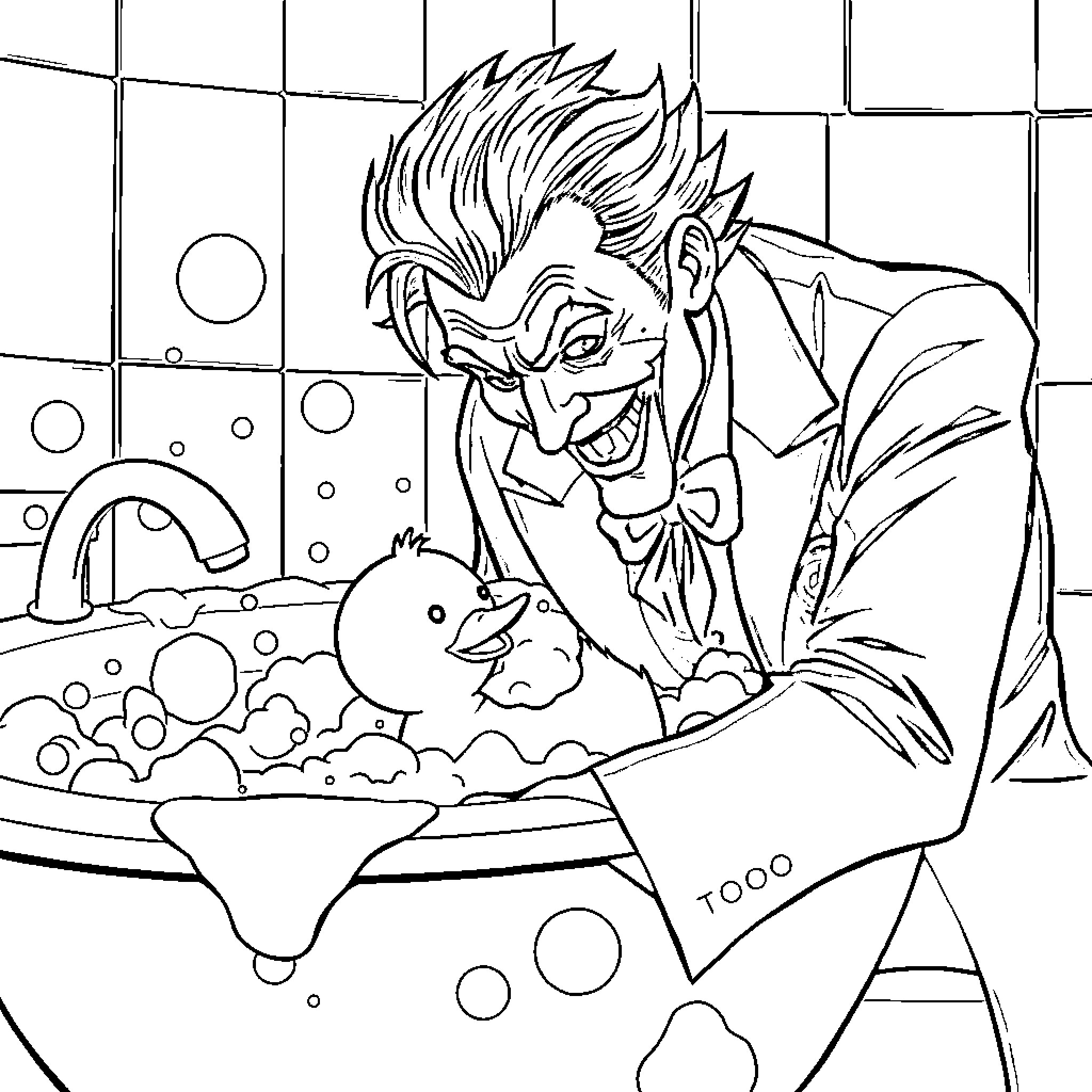 Joker's Mischievous Bath Time Coloring Page (free black-and-white line drawing printable PDF for all, from beginners to advanced learners, including children, teens, adults, and seniors)