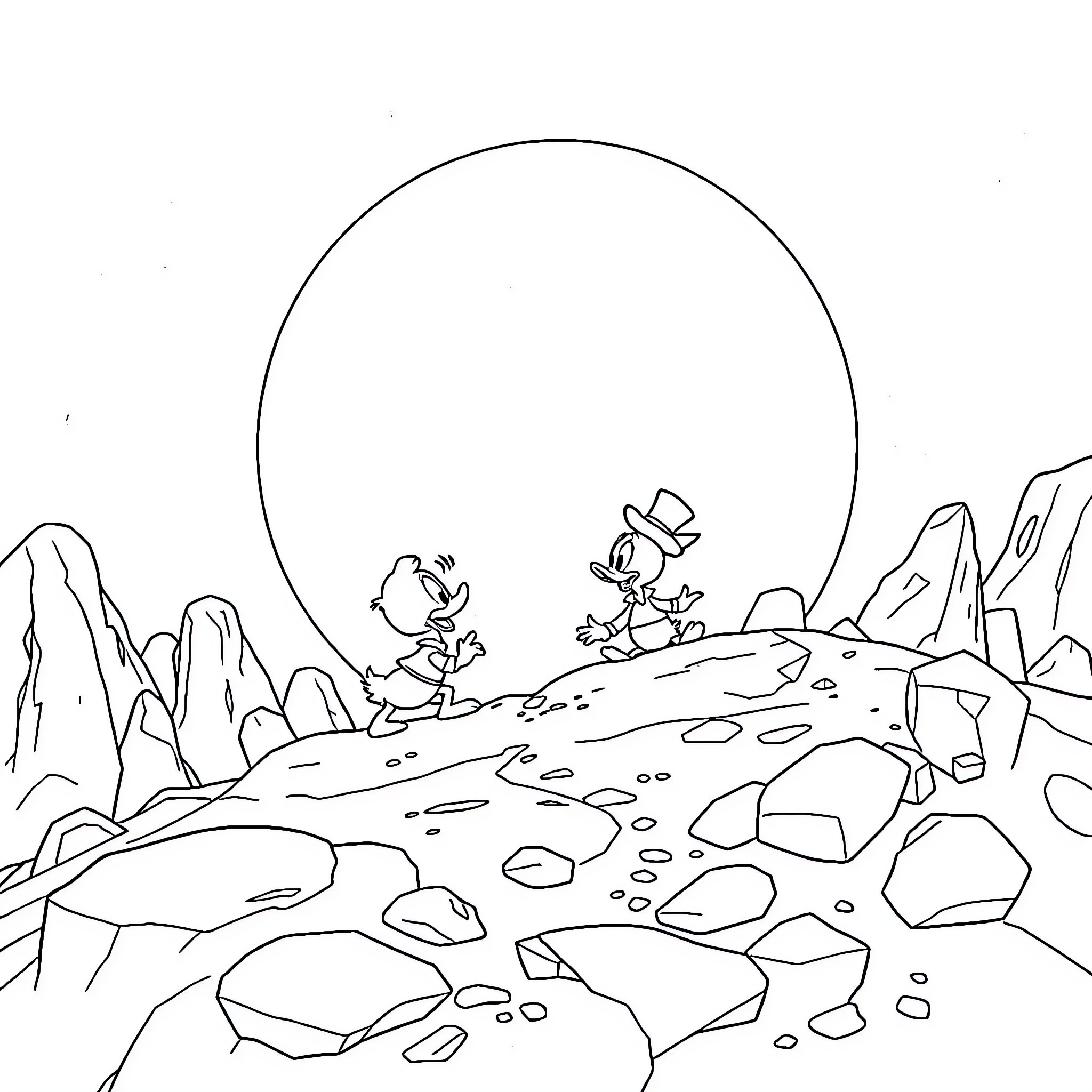 Ducktales: Characters on Adventurous Expedition Coloring Page (free black-and-white line drawing printable PDF for all, from beginners to advanced learners, including children, teens, adults, and seniors)