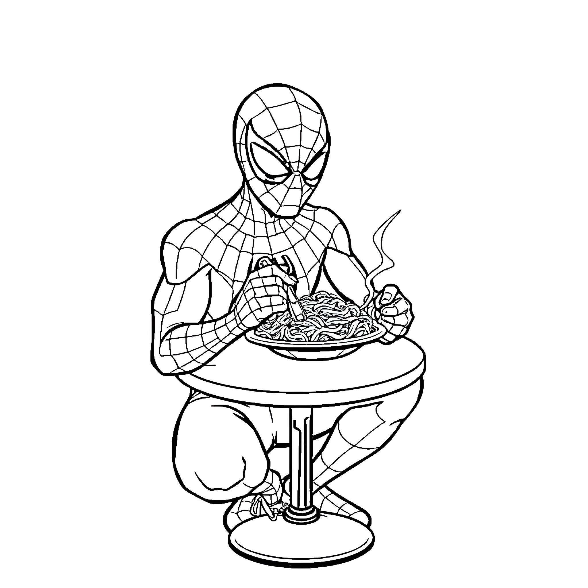 Spider-Man enjoying a plate of spaghetti Coloring Page (free black-and-white line drawing printable PDF for all, from beginners to advanced learners, including children, teens, adults, and seniors)