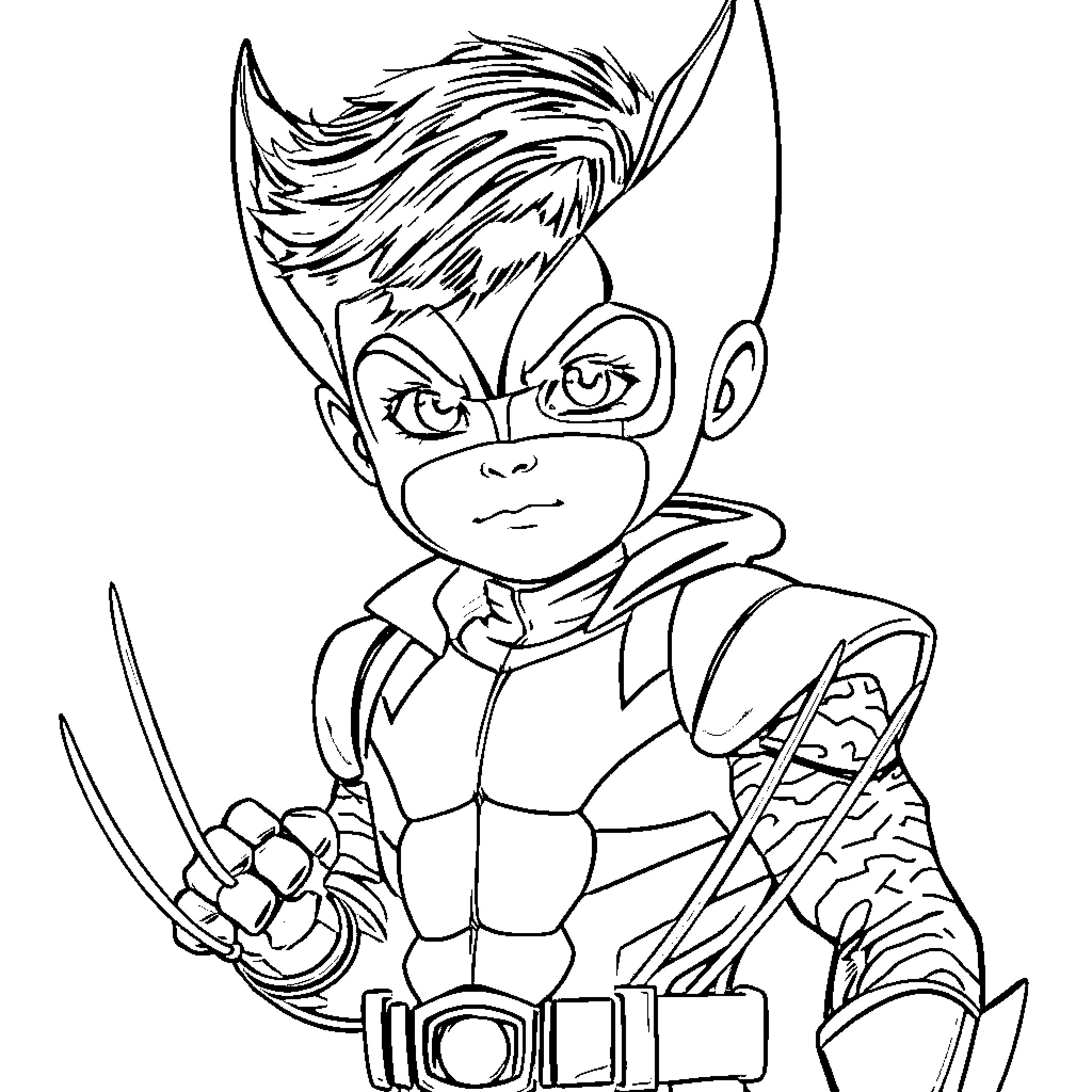 Wolverine in fierce battle pose with claws drawn Coloring Page (free black-and-white line drawing printable PDF for all, from beginners to advanced learners, including children, teens, adults, and seniors)