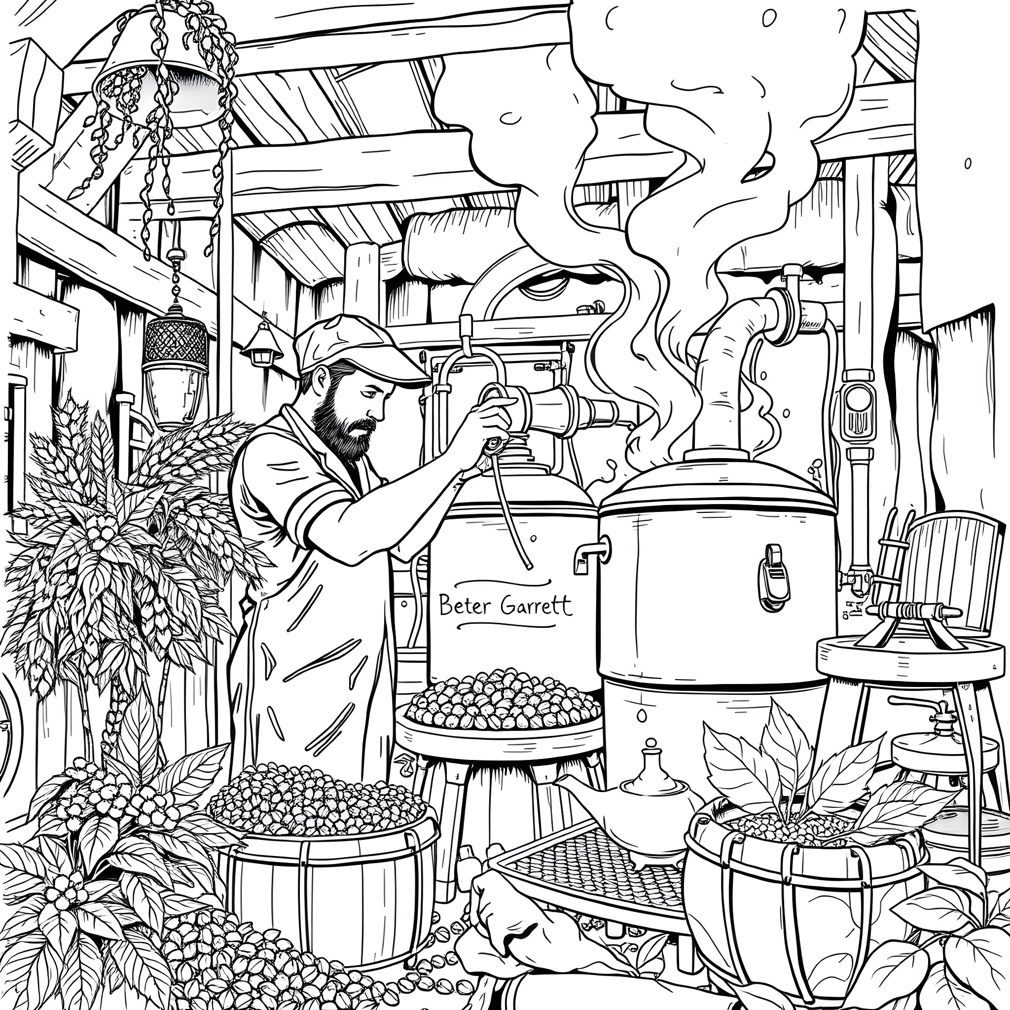 Peter Garrett Crafting Beer in a Rustic Brewery Coloring Page (free black-and-white line drawing printable PDF for all, from beginners to advanced learners, including children, teens, adults, and seniors)