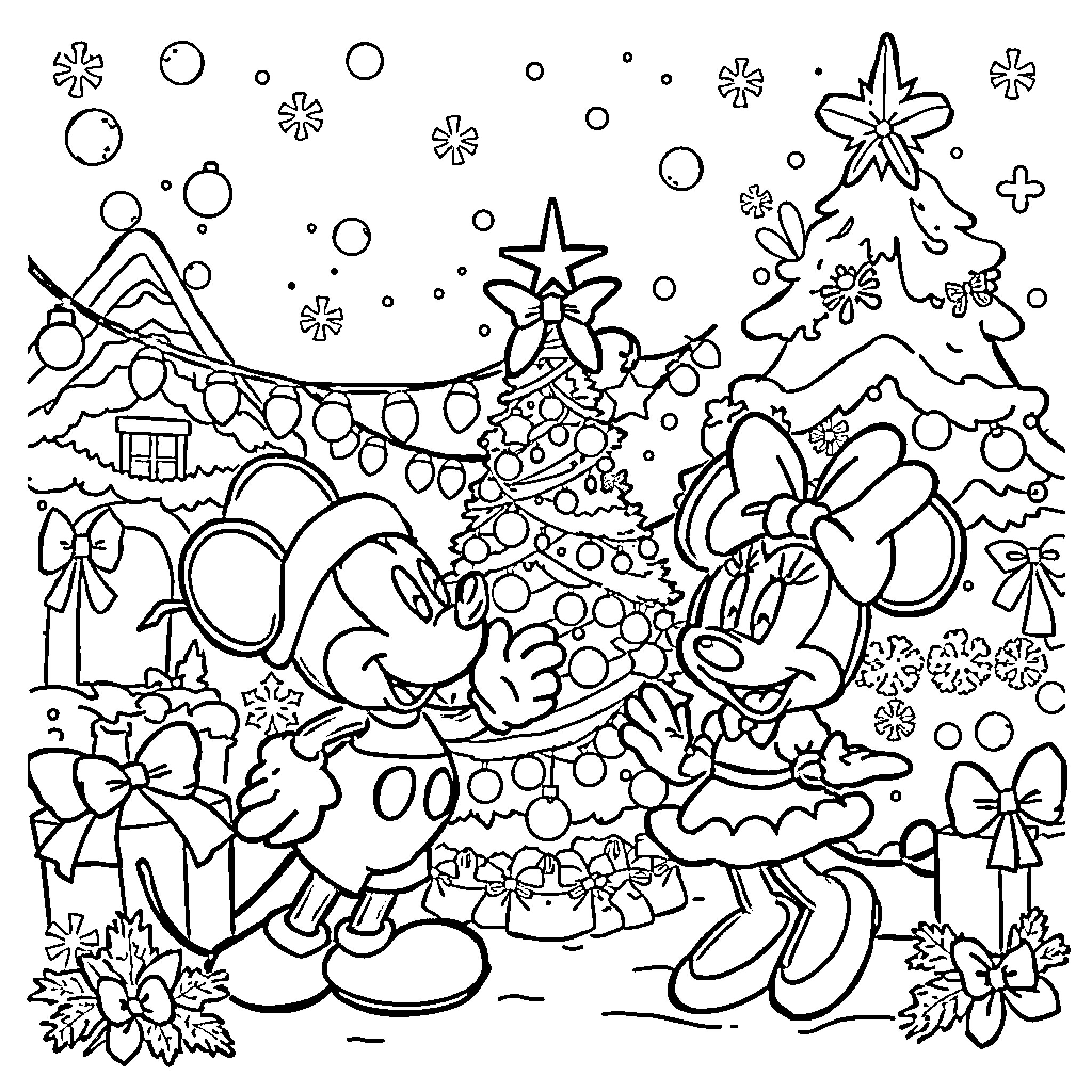Disney characters celebrating winter wonderland Coloring Page (free black-and-white line drawing printable PDF for all, from beginners to advanced learners, including children, teens, adults, and seniors)