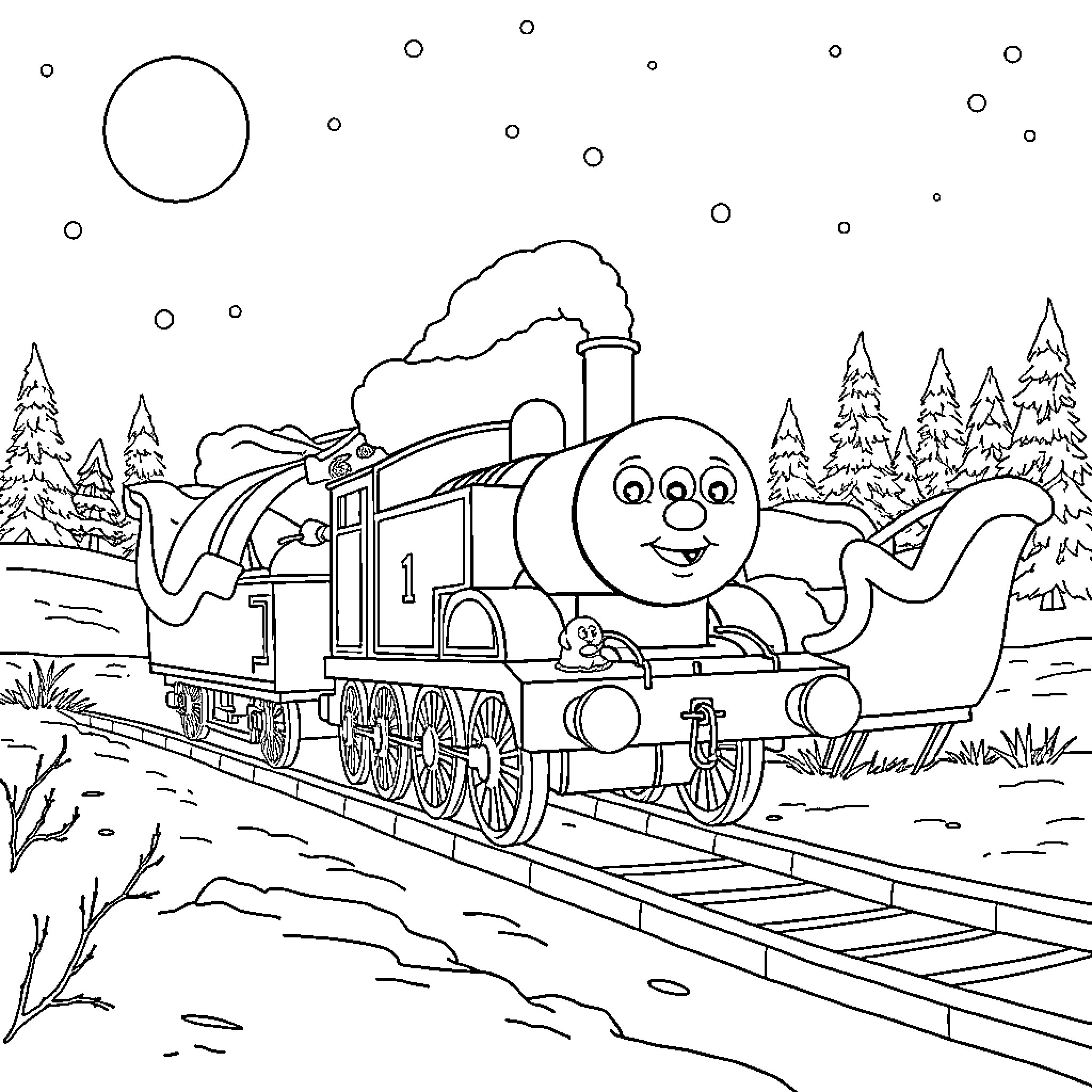 Thomas enjoying a winter train ride through the snowy landscape Coloring Page (free black-and-white line drawing printable PDF for all, from beginners to advanced learners, including children, teens, adults, and seniors)