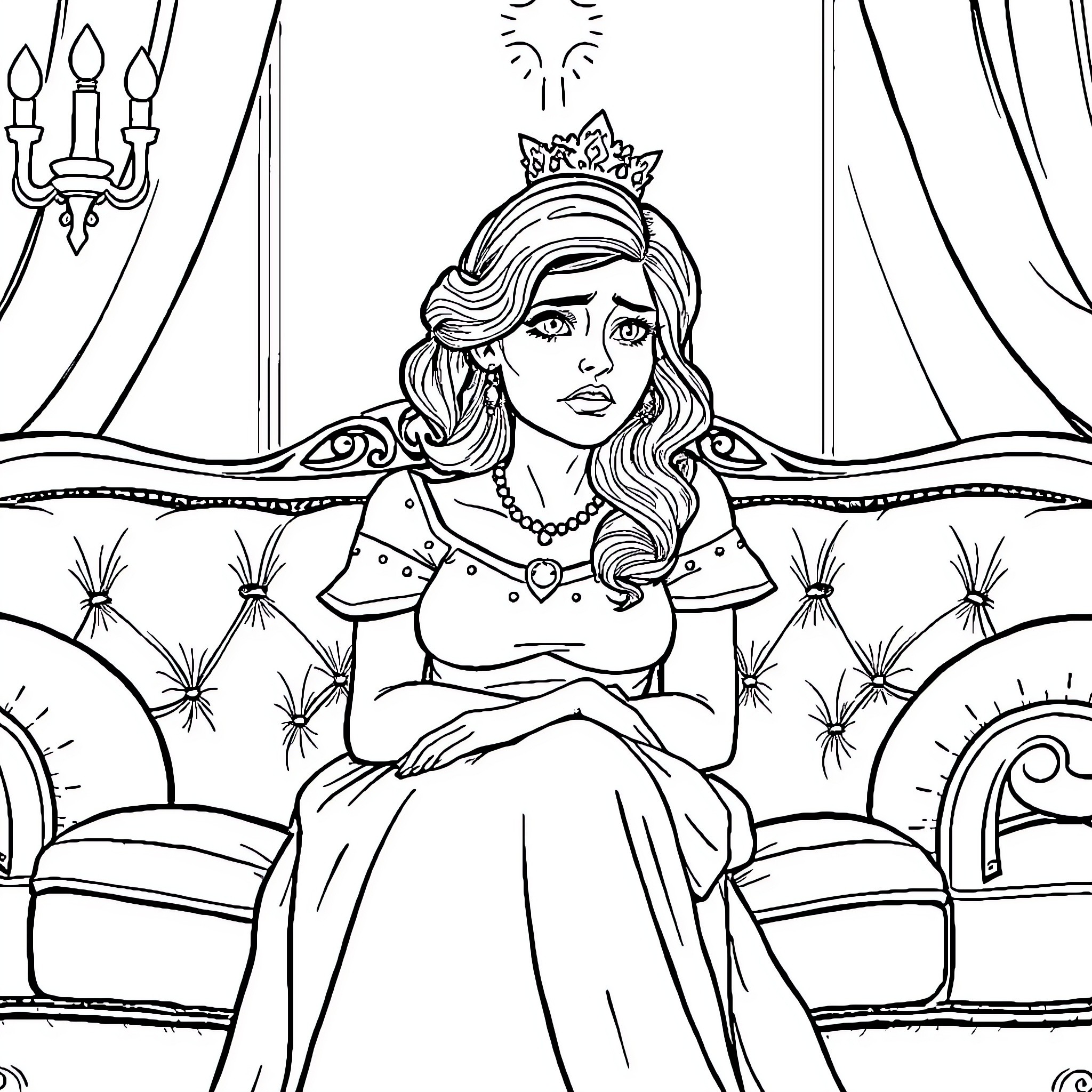 Princess sitting in distress within royal chamber Coloring Page (free black-and-white line drawing printable PDF for all, from beginners to advanced learners, including children, teens, adults, and seniors)