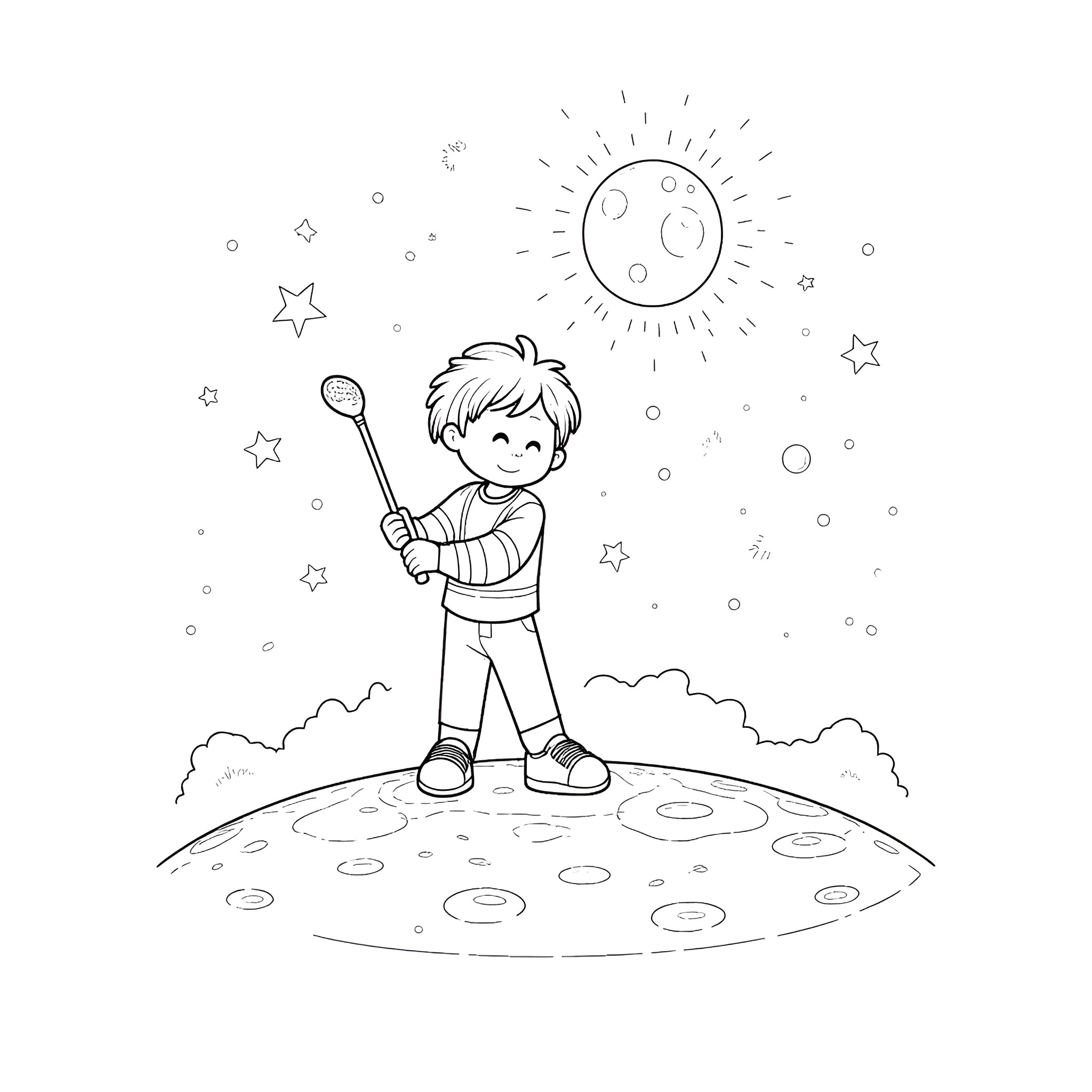 Kid exploring the cosmos under the stars Coloring Page (free black-and-white line drawing printable PDF for all, from beginners to advanced learners, including children, teens, adults, and seniors)