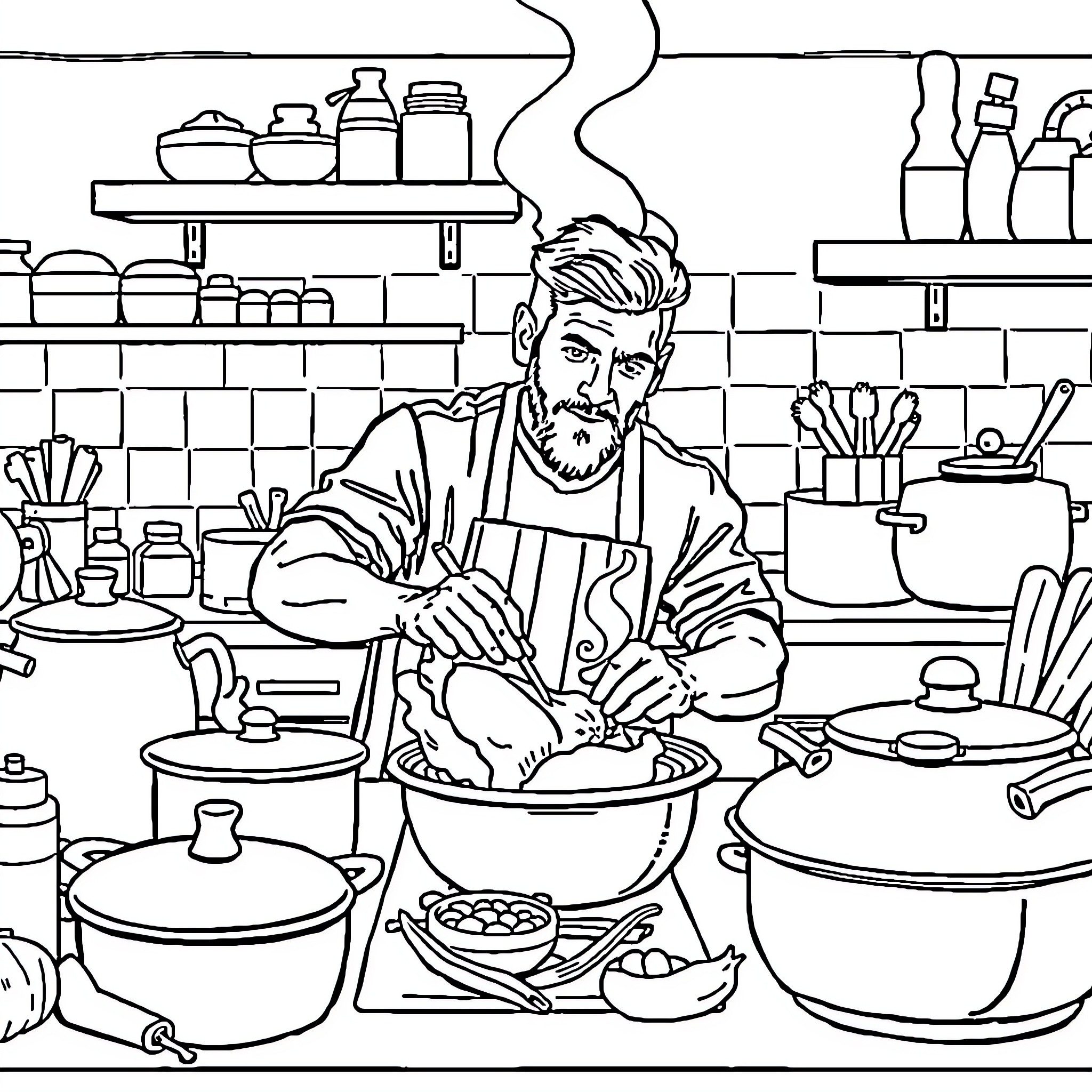 Messi cooking in a busy kitchen Coloring Page (free black-and-white line drawing printable PDF for all, from beginners to advanced learners, including children, teens, adults, and seniors)