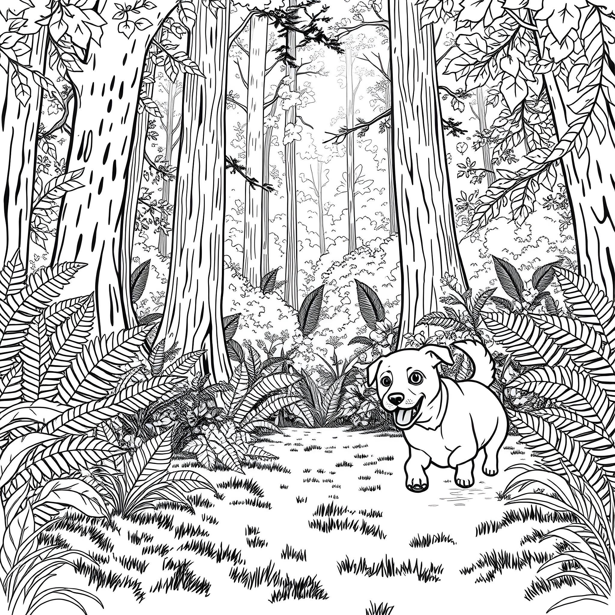 Dog exploring the lush forest Coloring Page (free black-and-white line drawing printable PDF for all, from beginners to advanced learners, including children, teens, adults, and seniors)