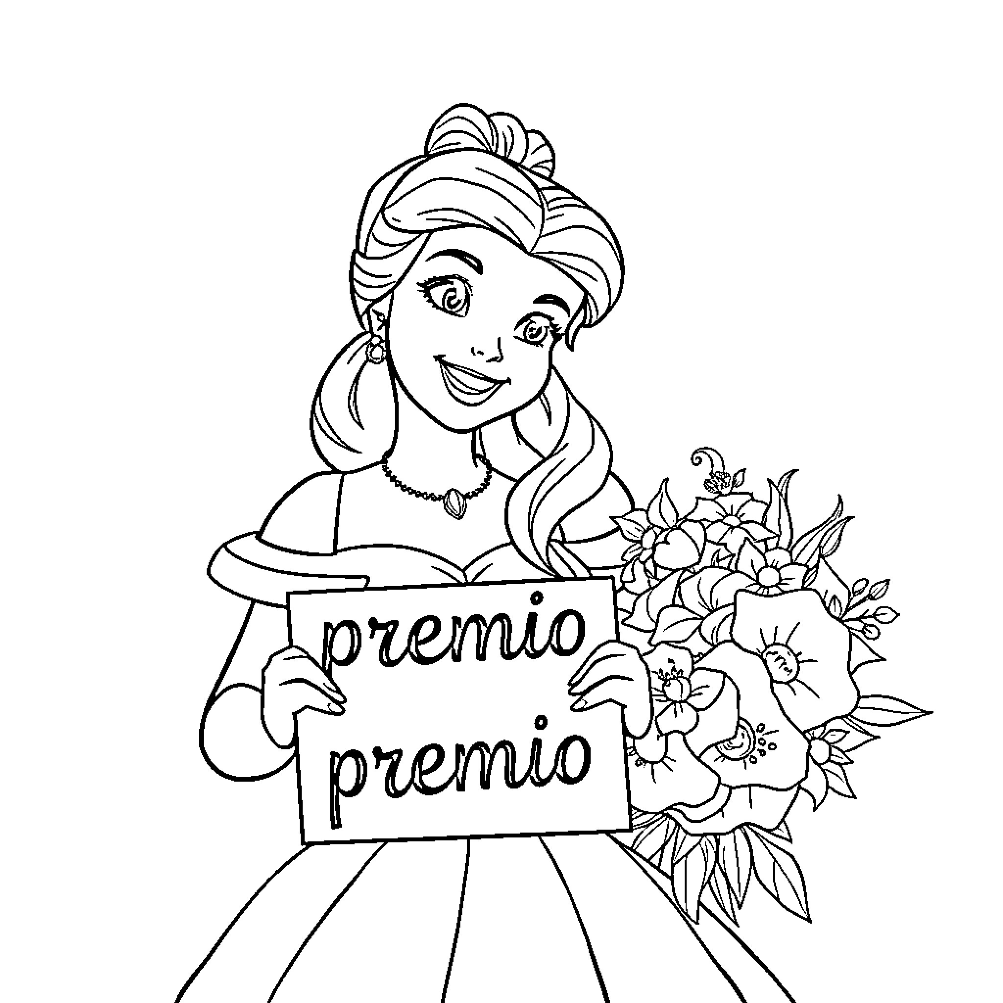Belle holding Premio premio sign with flowers Coloring Page (free black-and-white line drawing printable PDF for all, from beginners to advanced learners, including children, teens, adults, and seniors)