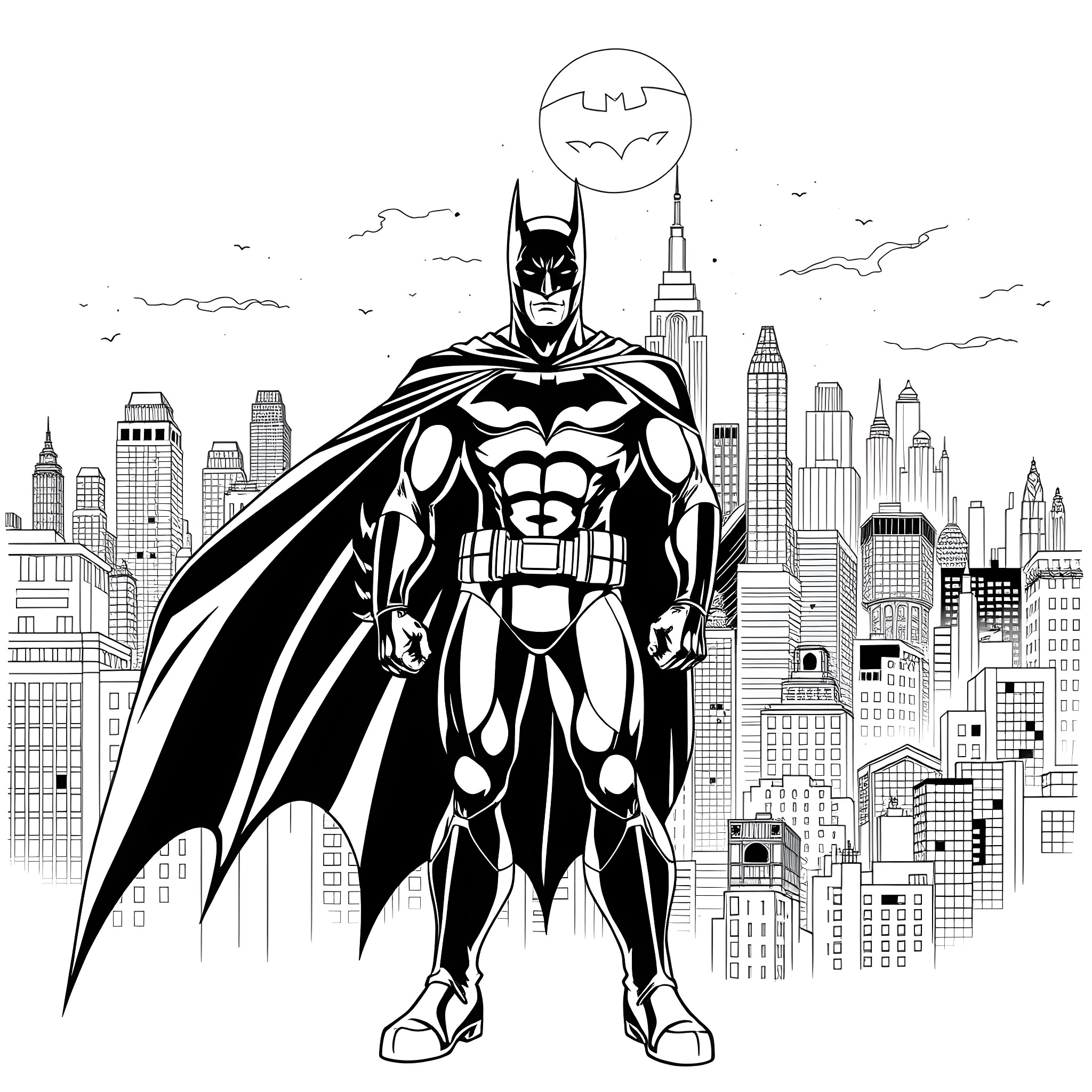 Batman standing tall in the city skyline Coloring Page (free black-and-white line drawing printable PDF for all, from beginners to advanced learners, including children, teens, adults, and seniors)