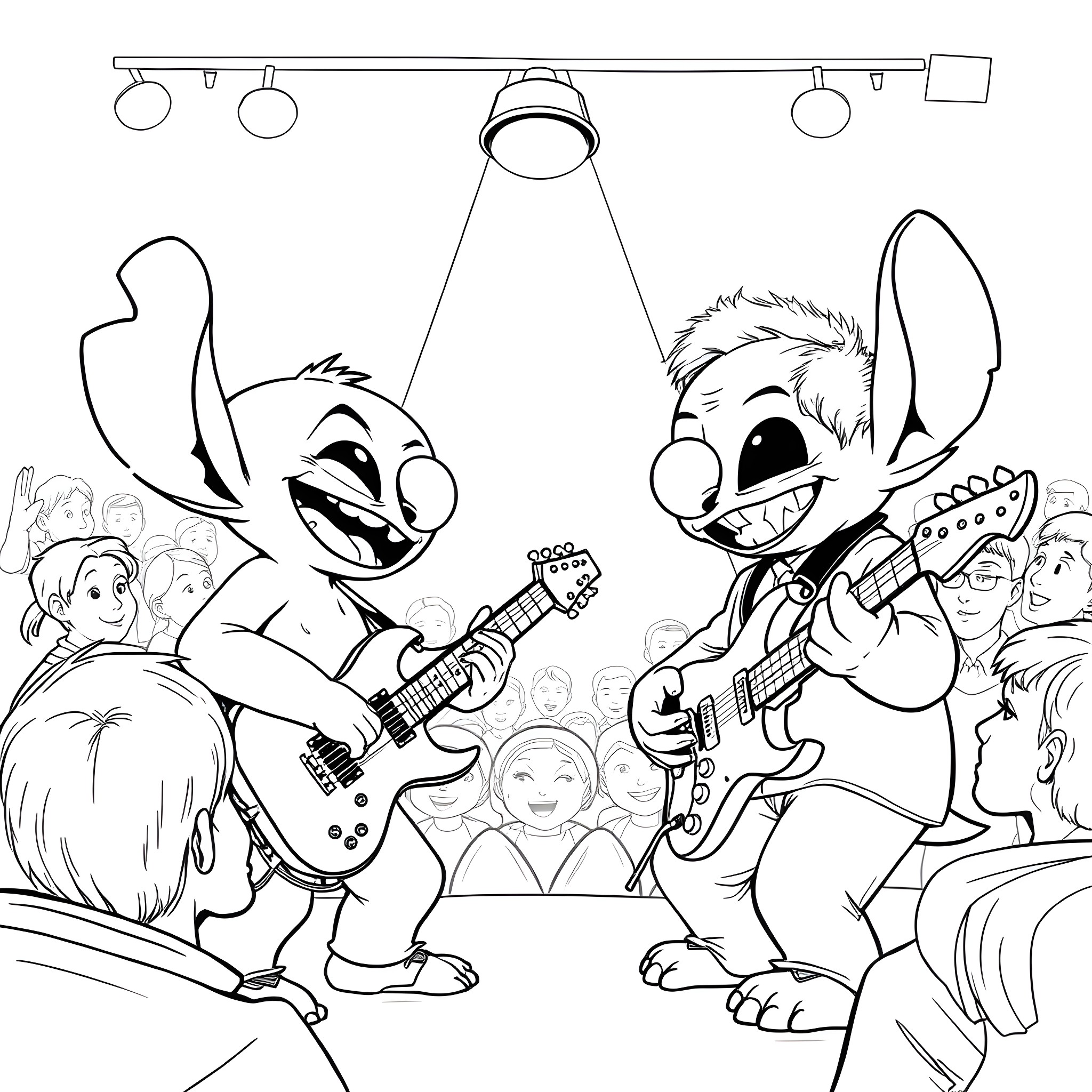 Stitch rock band performing for excited crowd Coloring Page (free black-and-white line drawing printable PDF for all, from beginners to advanced learners, including children, teens, adults, and seniors)