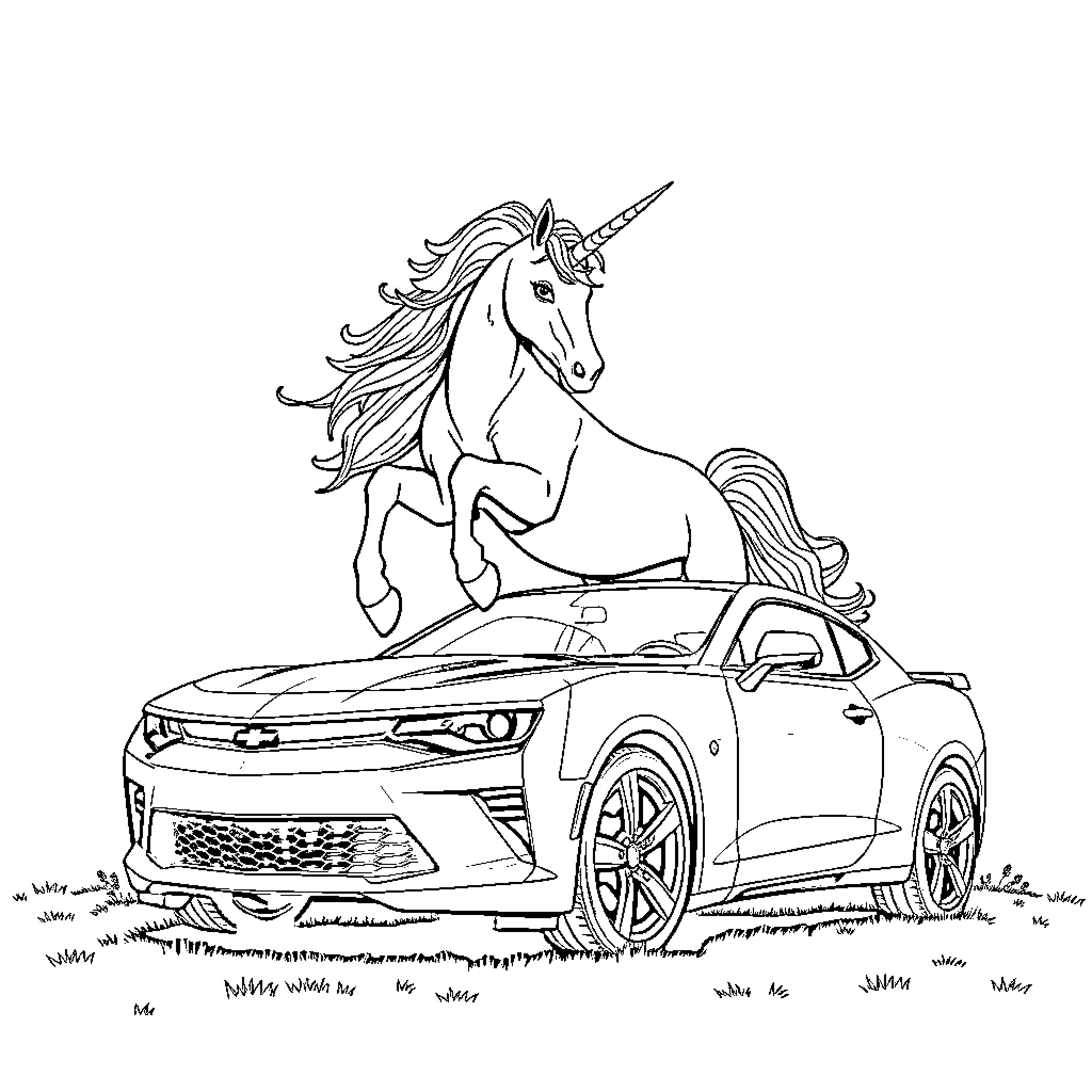 Unicorn riding on a sports car through the meadow Coloring Page (free black-and-white line drawing printable PDF for all, from beginners to advanced learners, including children, teens, adults, and seniors)