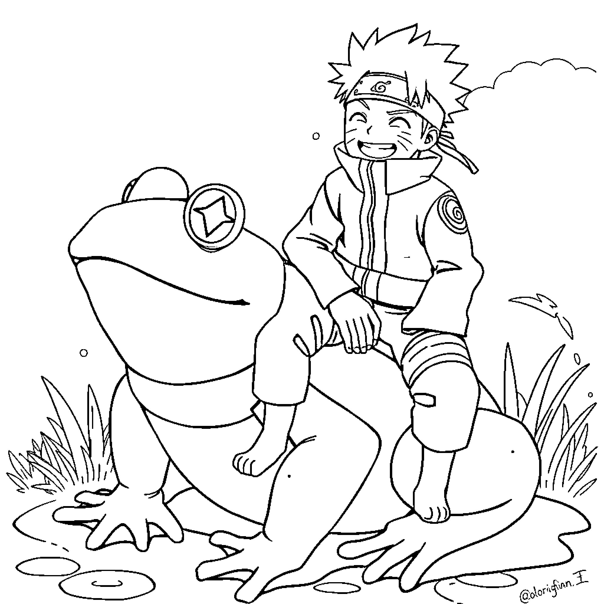 Naruto befriends a friendly frog in the wilderness Coloring Page (free black-and-white line drawing printable PDF for all, from beginners to advanced learners, including children, teens, adults, and seniors)