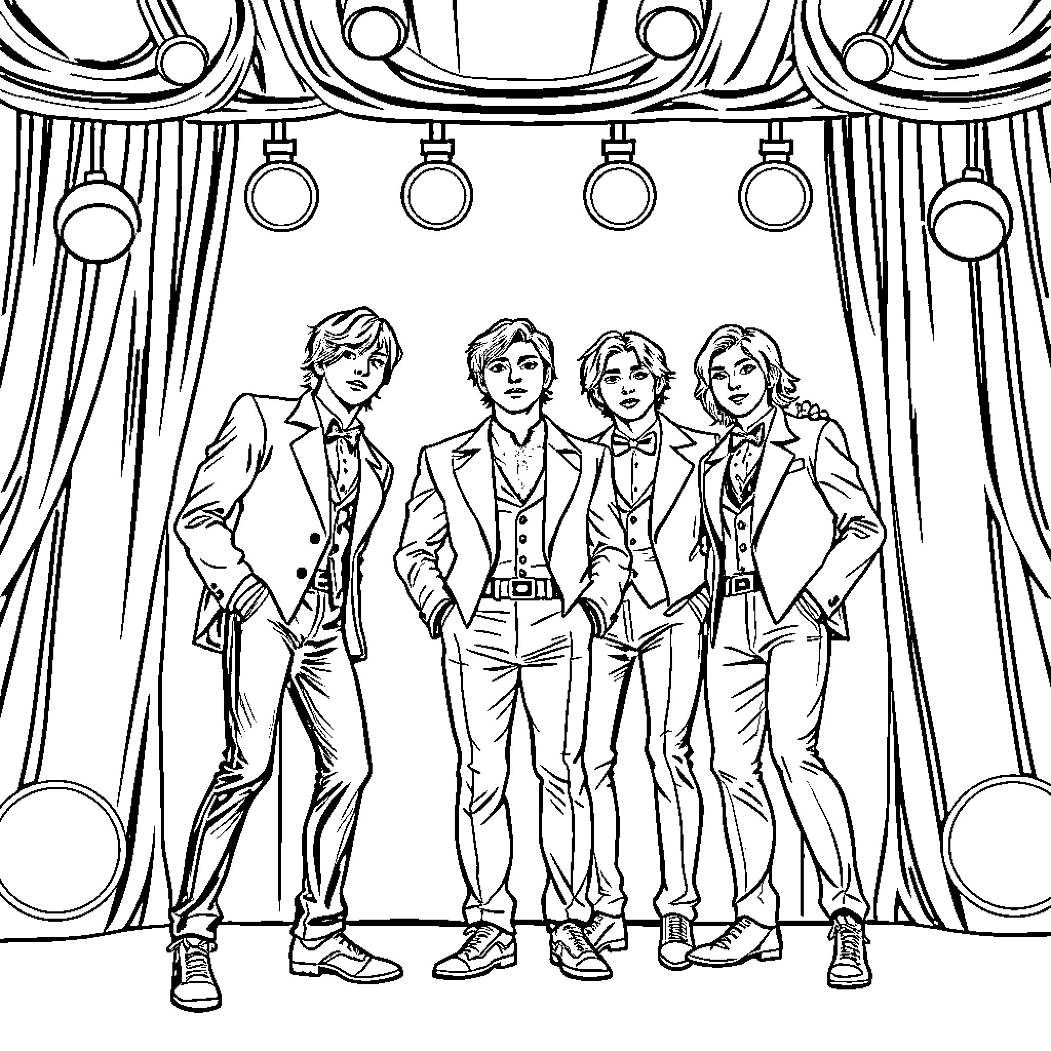 BTS Posing Confidently on Stage Coloring Page (free black-and-white line drawing printable PDF for all, from beginners to advanced learners, including children, teens, adults, and seniors)
