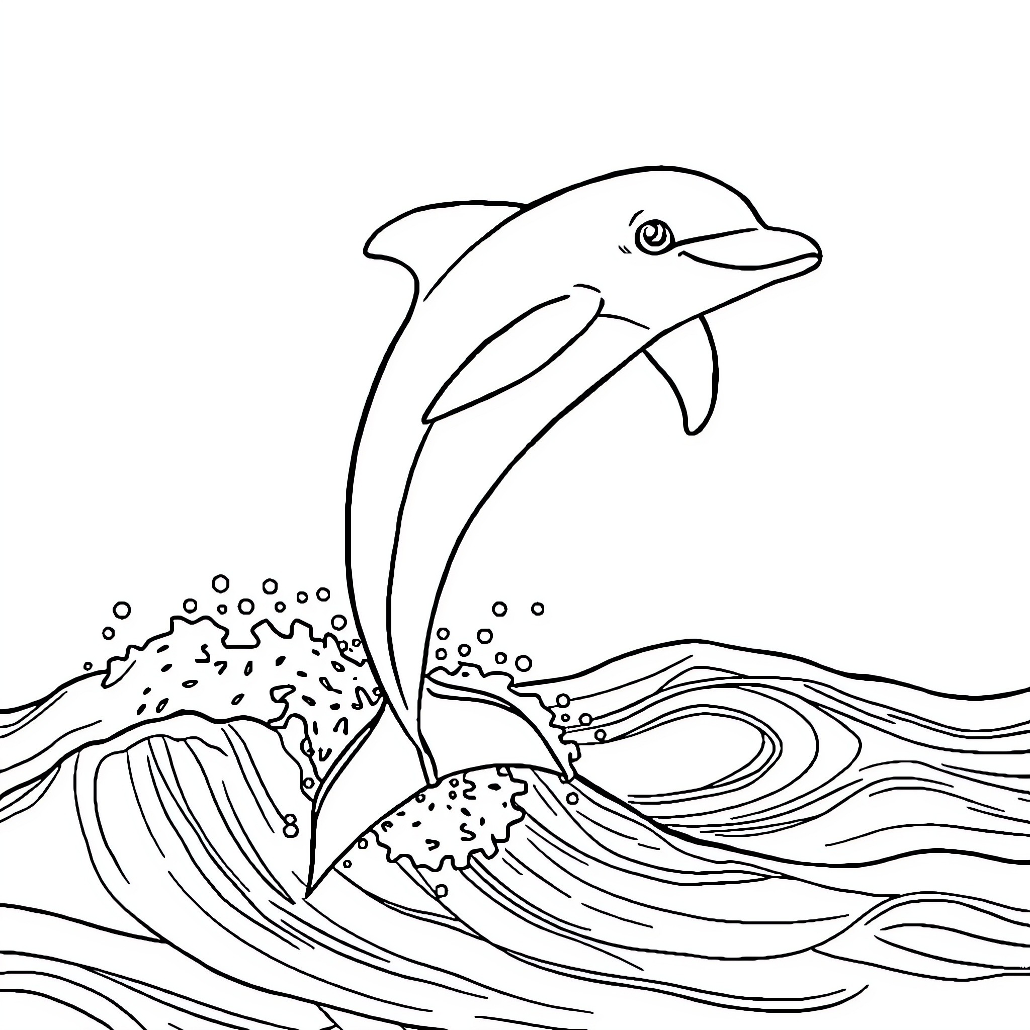 Dolphin swimming through waves Coloring Page (free black-and-white line drawing printable PDF for all, from beginners to advanced learners, including children, teens, adults, and seniors)