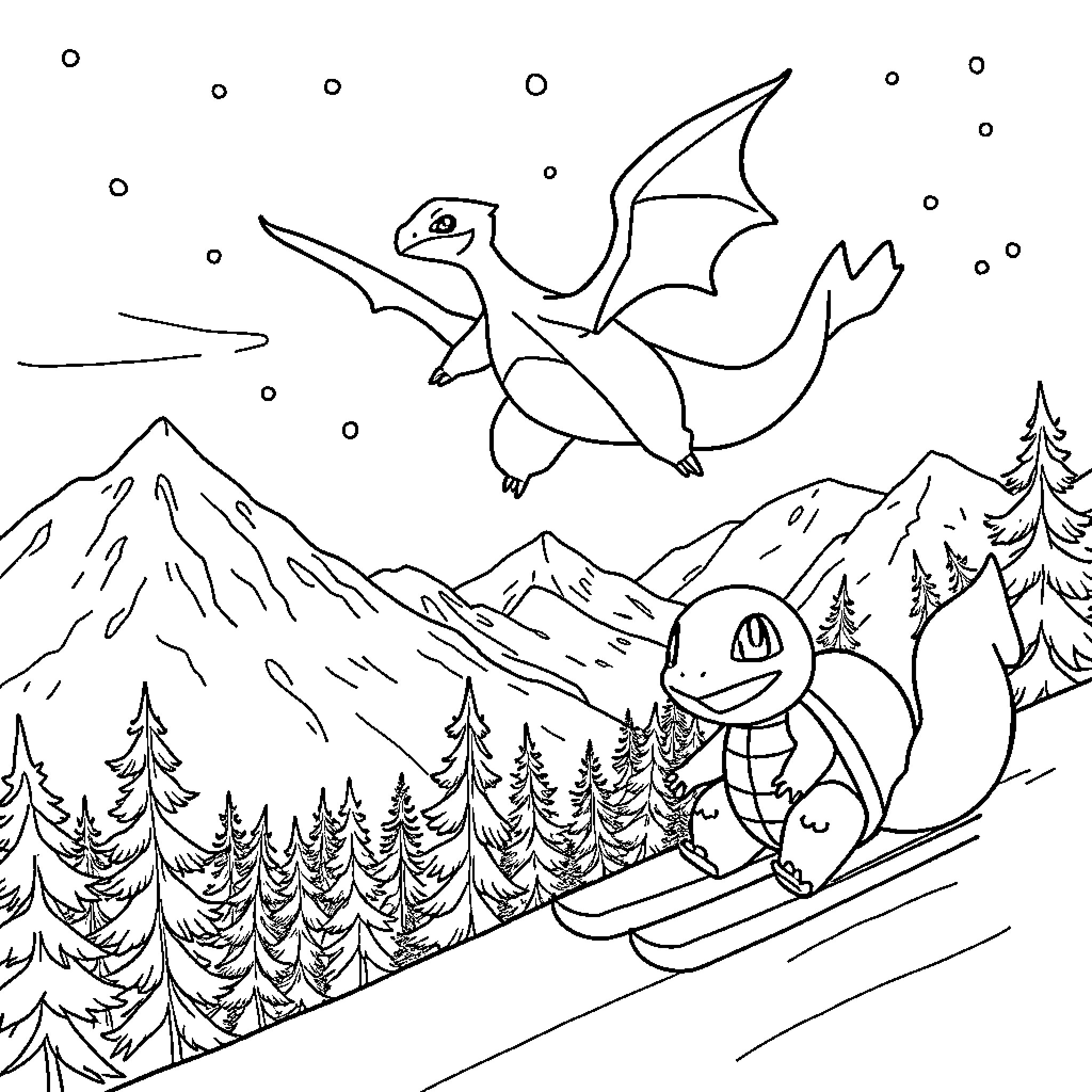 Charizard soaring over a snowy mountain landscape Coloring Page (free black-and-white line drawing printable PDF for all, from beginners to advanced learners, including children, teens, adults, and seniors)