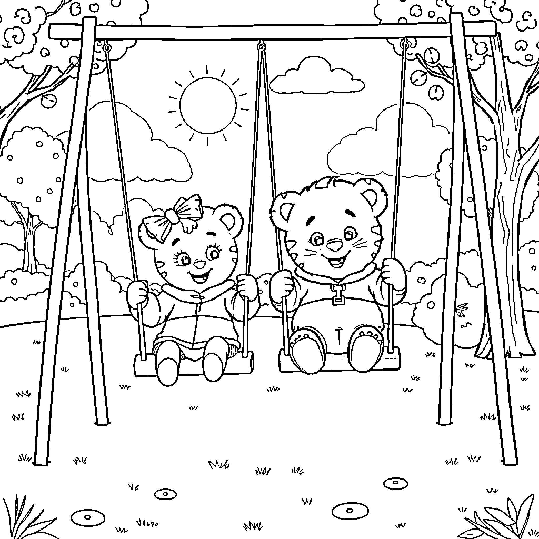 Gabby and Daniel Tiger playing on the swings Coloring Page (free black-and-white line drawing printable PDF for all, from beginners to advanced learners, including children, teens, adults, and seniors)