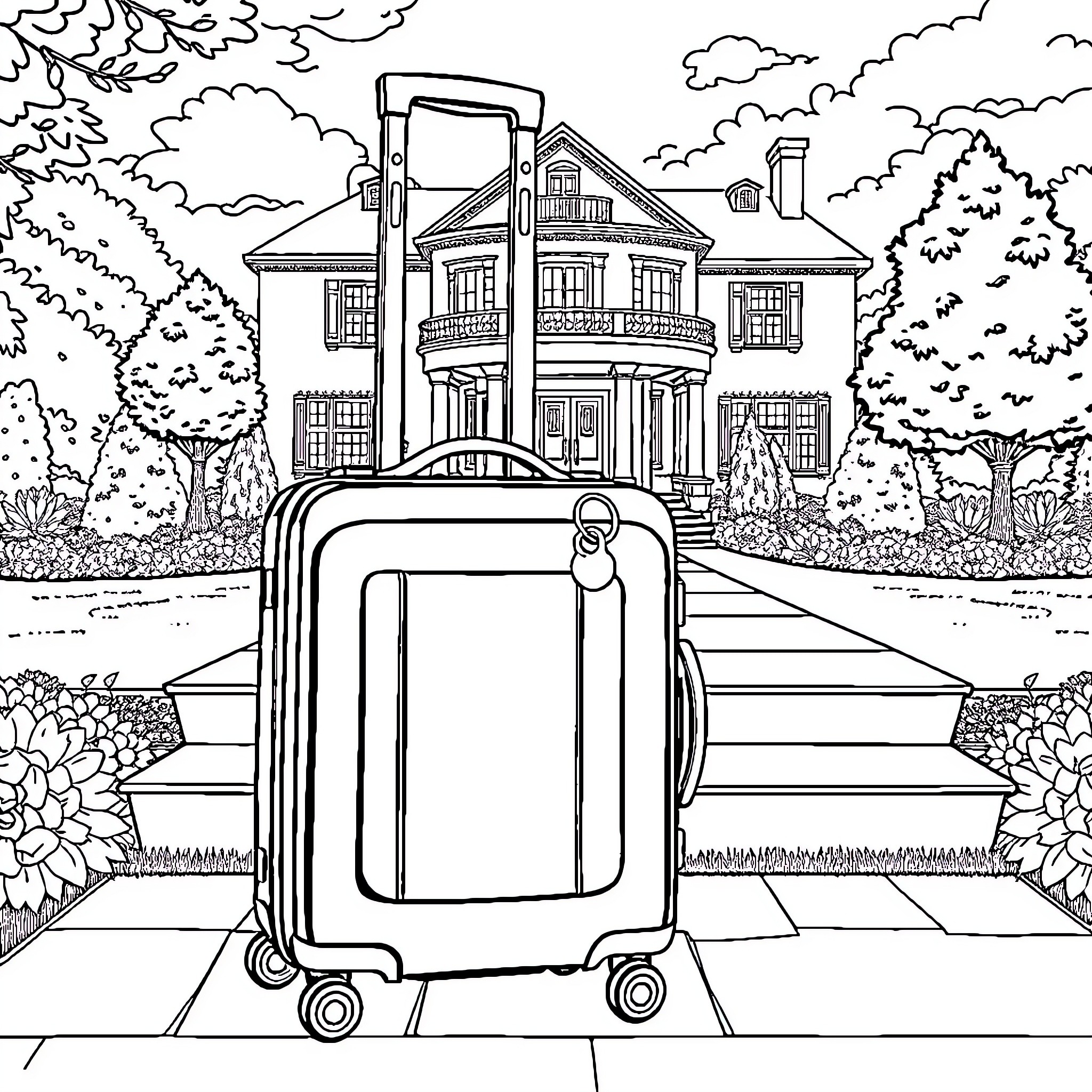 Valise at the Entrance of a Historic Mansion Coloring Page (free black-and-white line drawing printable PDF for all, from beginners to advanced learners, including children, teens, adults, and seniors)