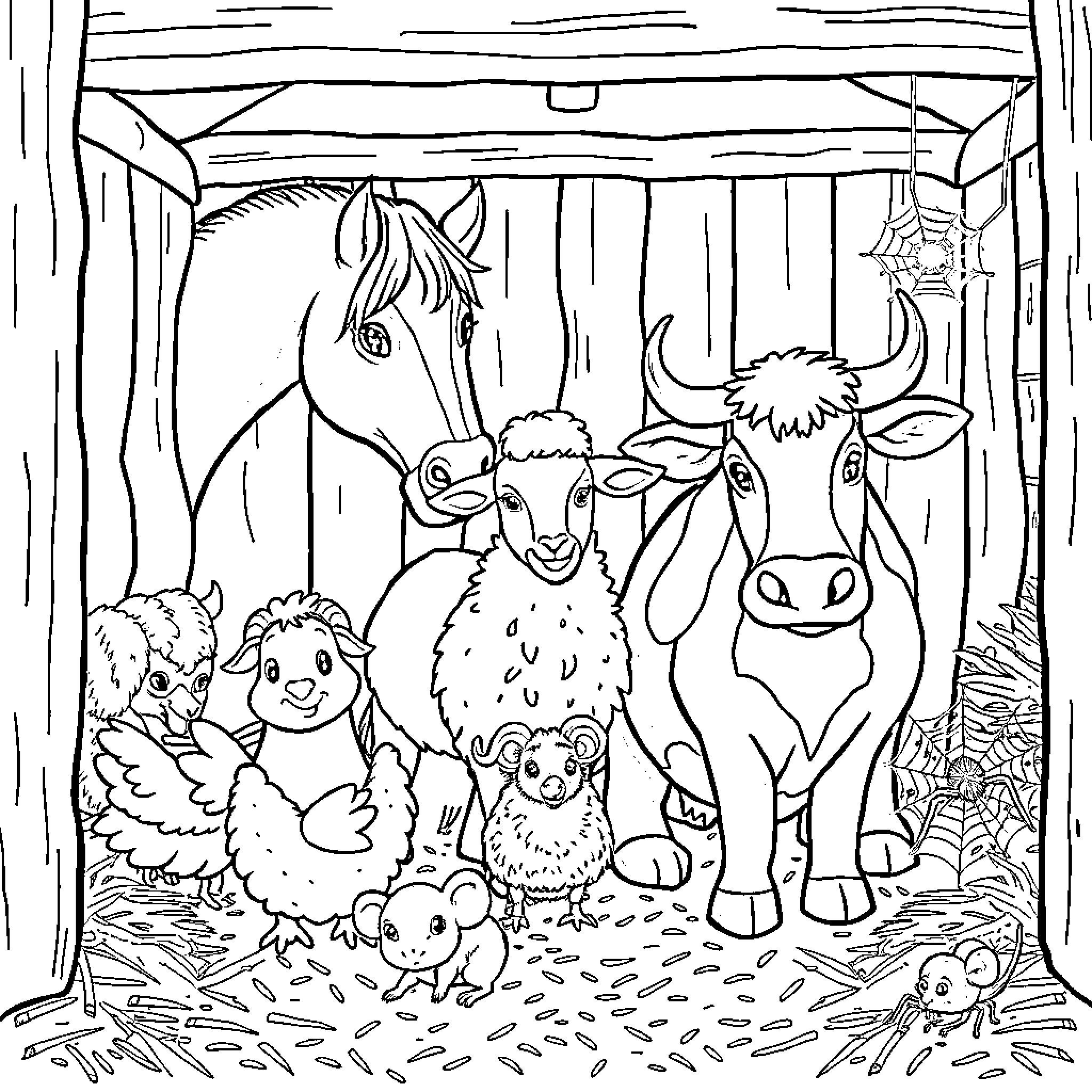 Animal friends in the barn Coloring Page (free black-and-white line drawing printable PDF for all, from beginners to advanced learners, including children, teens, adults, and seniors)