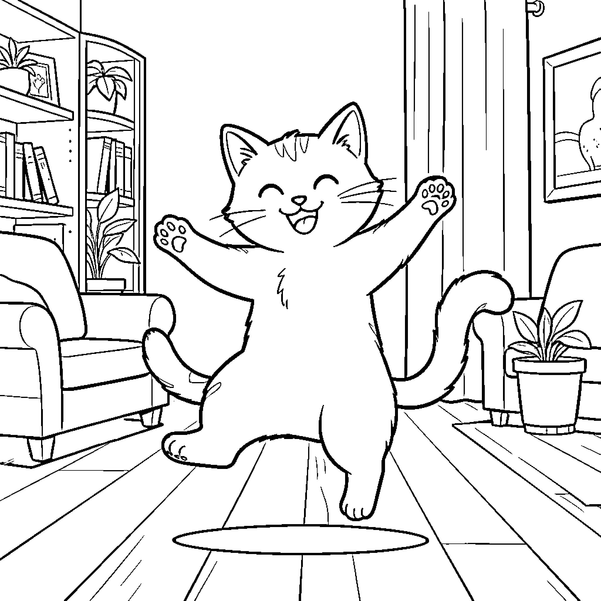 Cat happily stretching in a cozy home Coloring Page (free black-and-white line drawing printable PDF for all, from beginners to advanced learners, including children, teens, adults, and seniors)