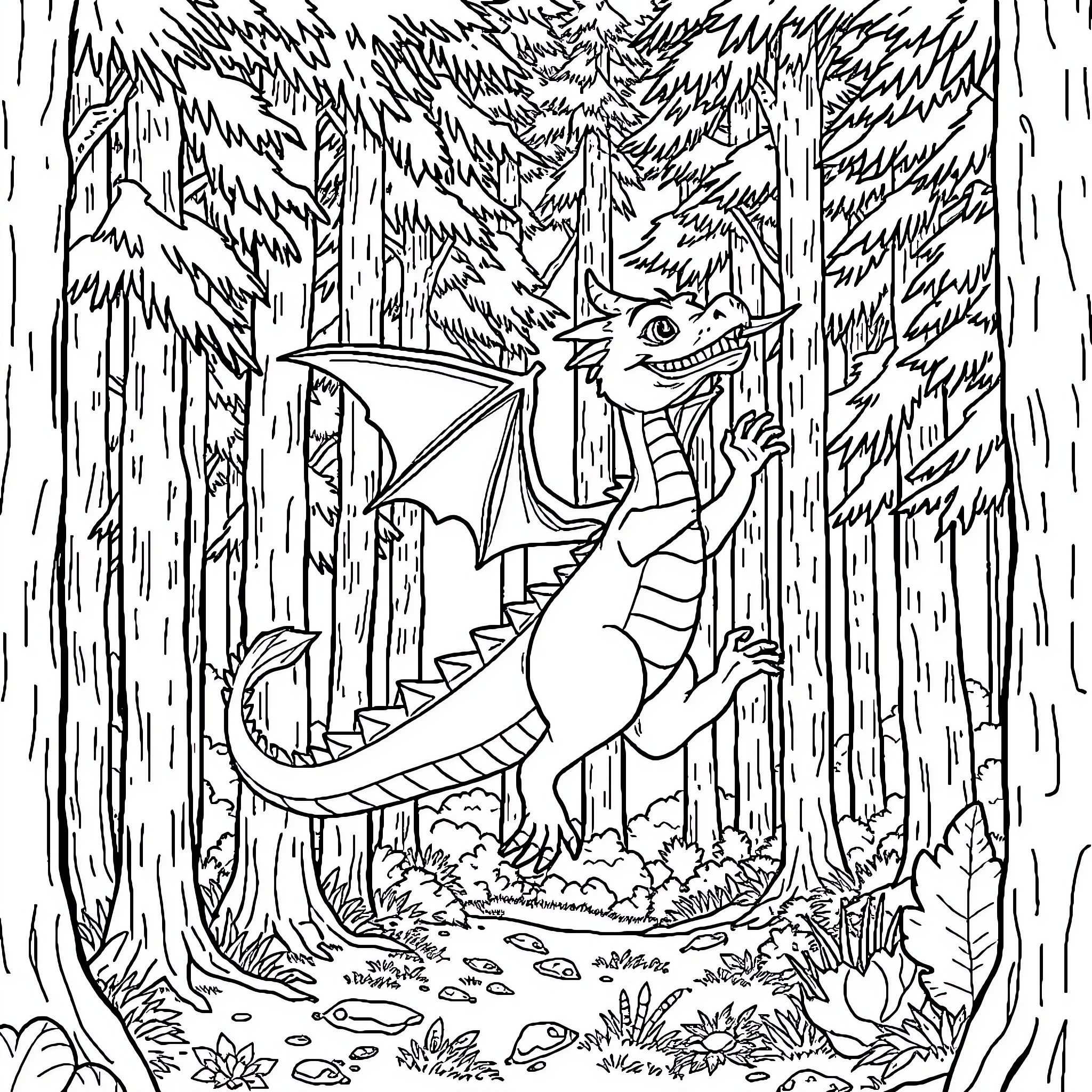 Dragon Exploring the Enchanted Forest Coloring Page (free black-and-white line drawing printable PDF for all, from beginners to advanced learners, including children, teens, adults, and seniors)