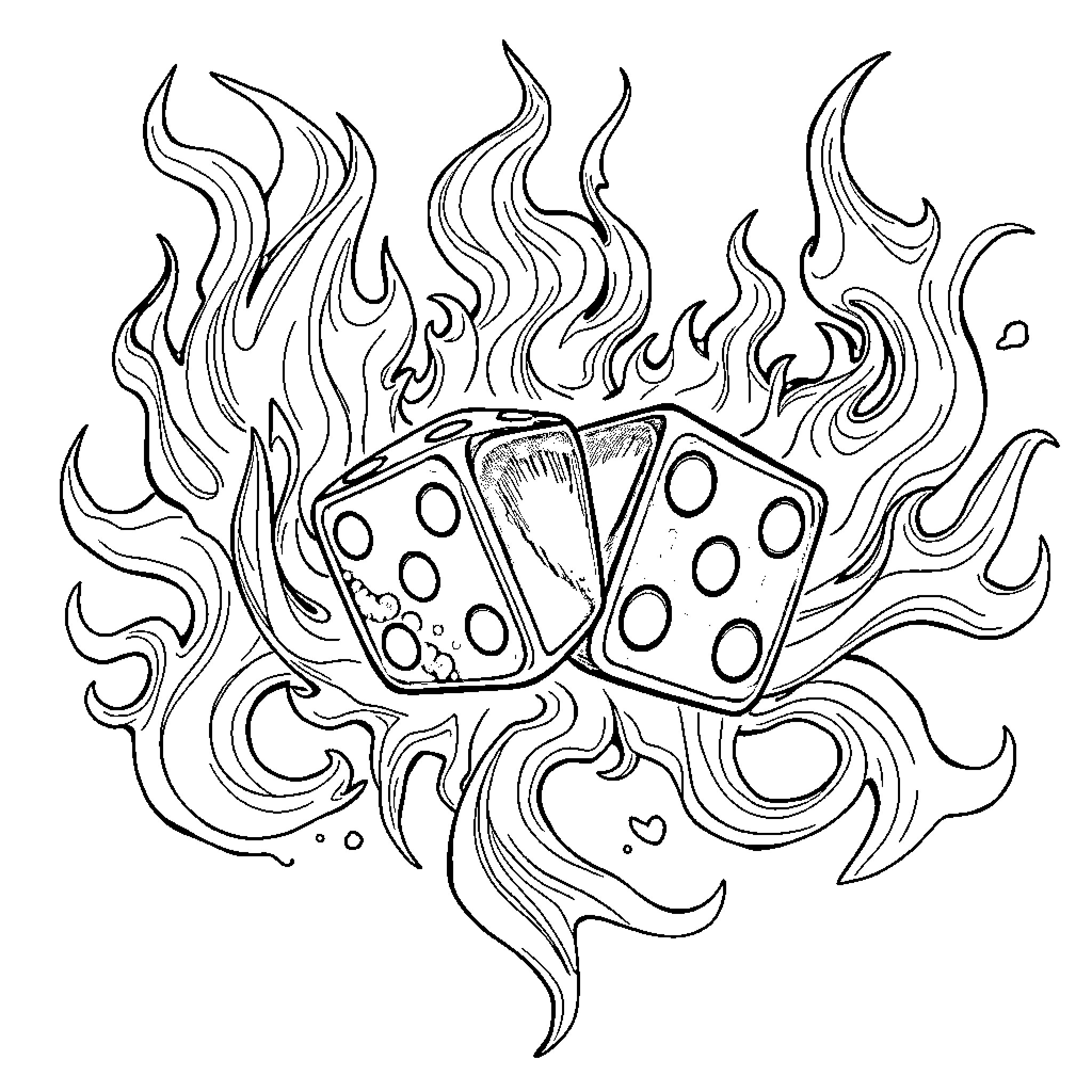 Dice burning with fiery passion Coloring Page (free black-and-white line drawing printable PDF for all, from beginners to advanced learners, including children, teens, adults, and seniors)