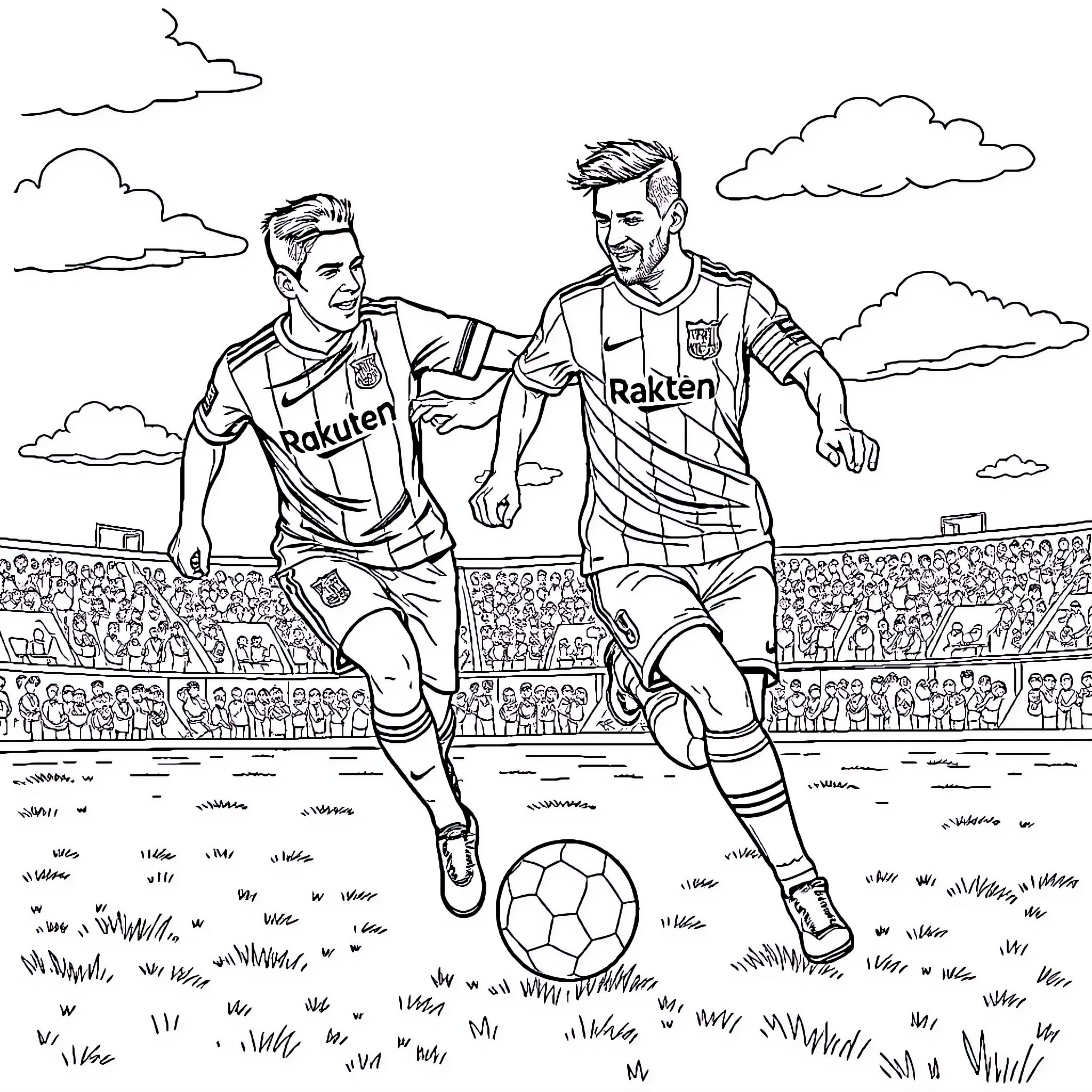 Yamal: Two soccer players in action on the field Coloring Page (free black-and-white line drawing printable PDF for all, from beginners to advanced learners, including children, teens, adults, and seniors)