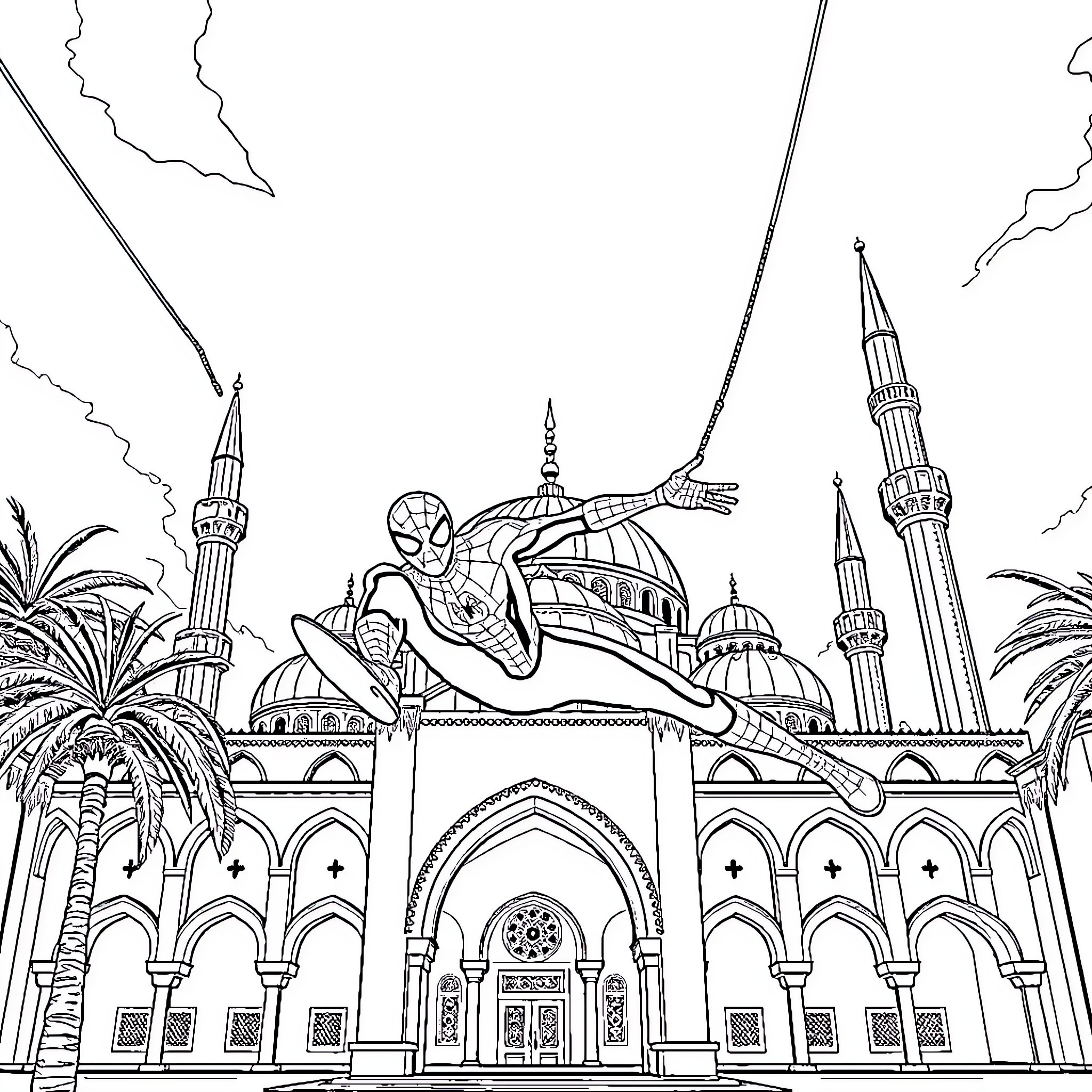 Spider-Man heroically swinging through a fantastical city Coloring Page (free black-and-white line drawing printable PDF for all, from beginners to advanced learners, including children, teens, adults, and seniors)