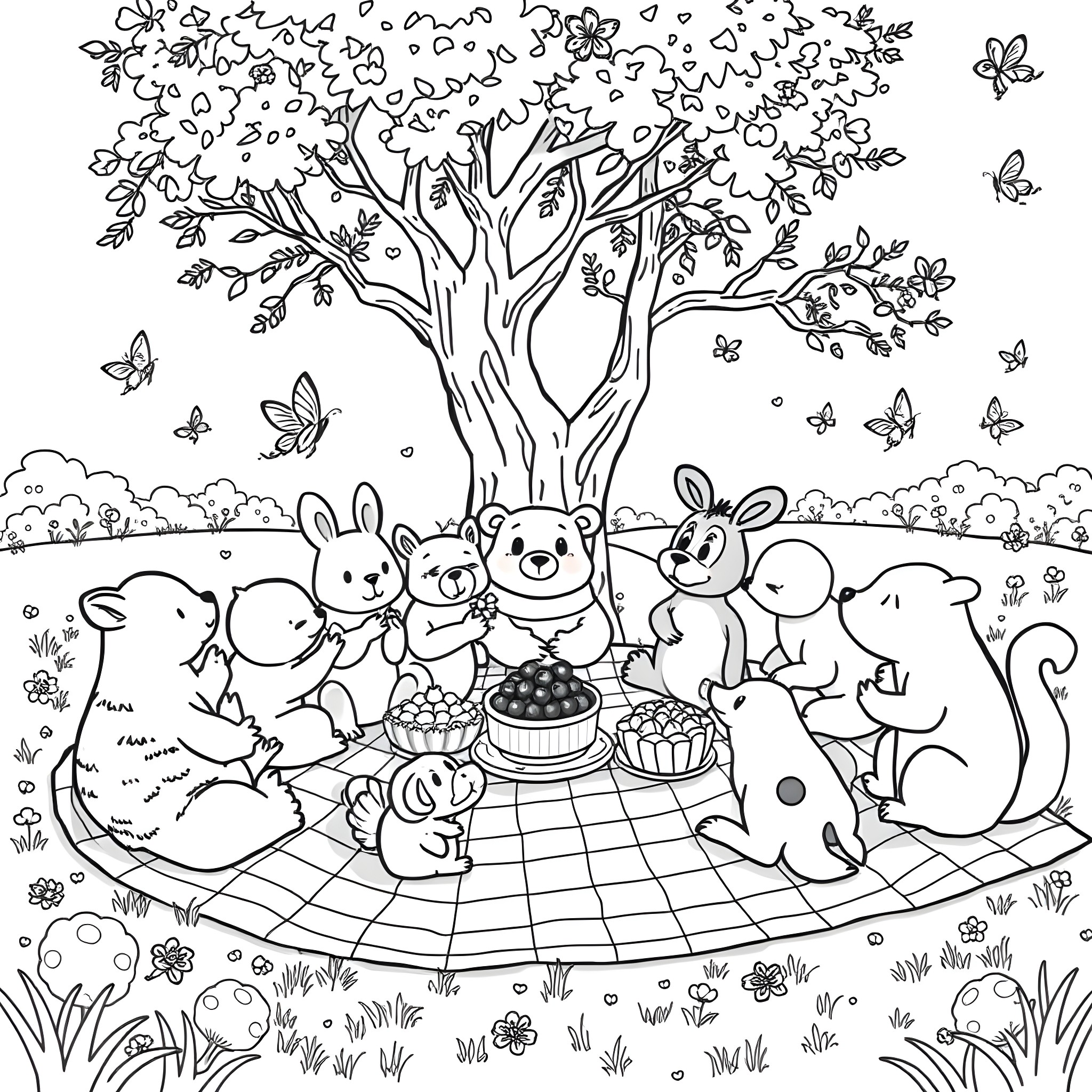 Animal friends enjoying a picnic under a blooming tree Coloring Page (free black-and-white line drawing printable PDF for all, from beginners to advanced learners, including children, teens, adults, and seniors)
