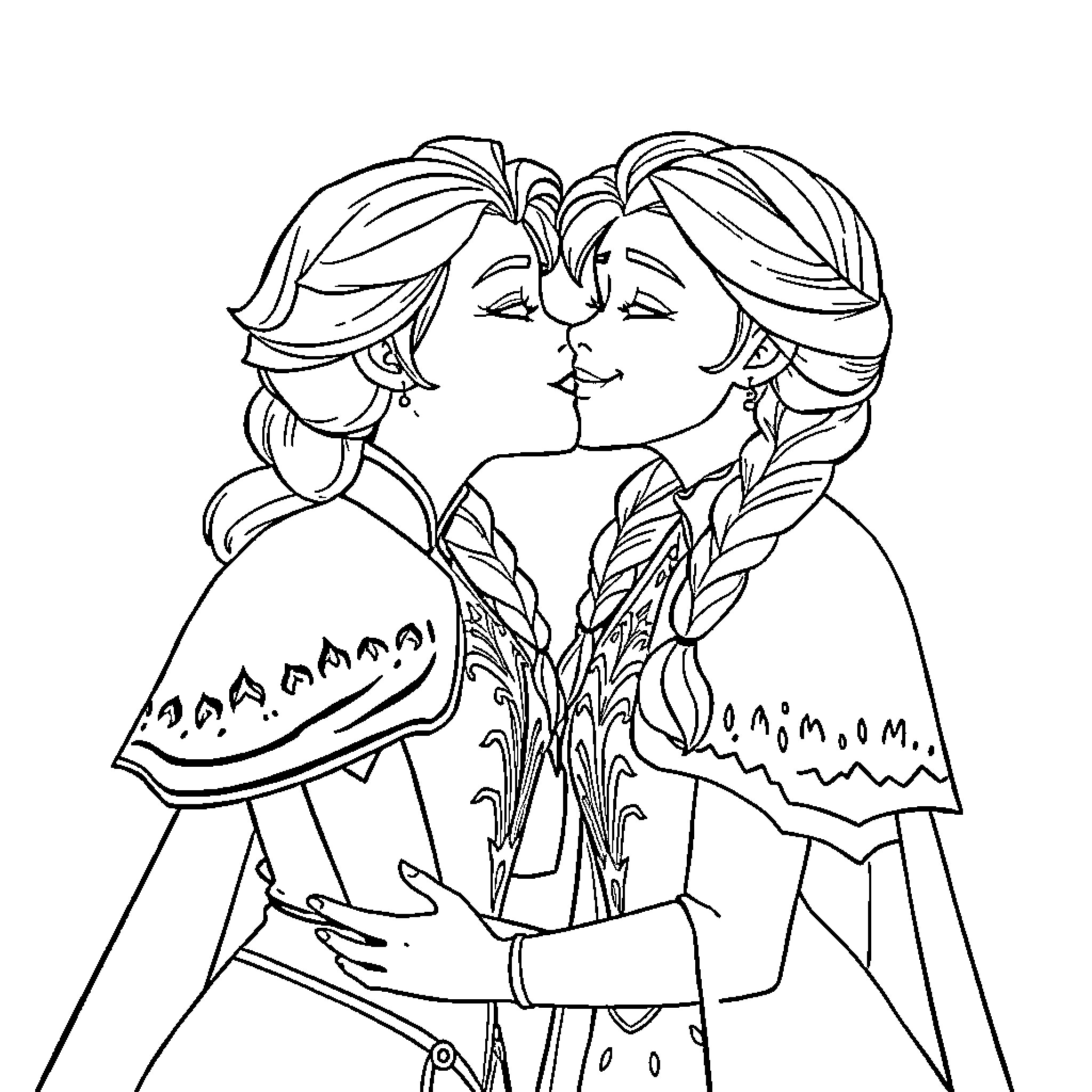 Elsa and Anna's warm embrace Coloring Page (free black-and-white line drawing printable PDF for all, from beginners to advanced learners, including children, teens, adults, and seniors)