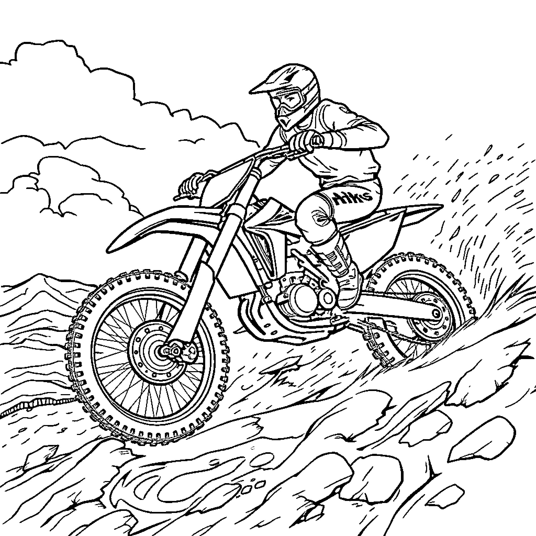 Dirt Bike Rider Navigating Rugged Terrain Coloring Page (free black-and-white line drawing printable PDF for all, from beginners to advanced learners, including children, teens, adults, and seniors)