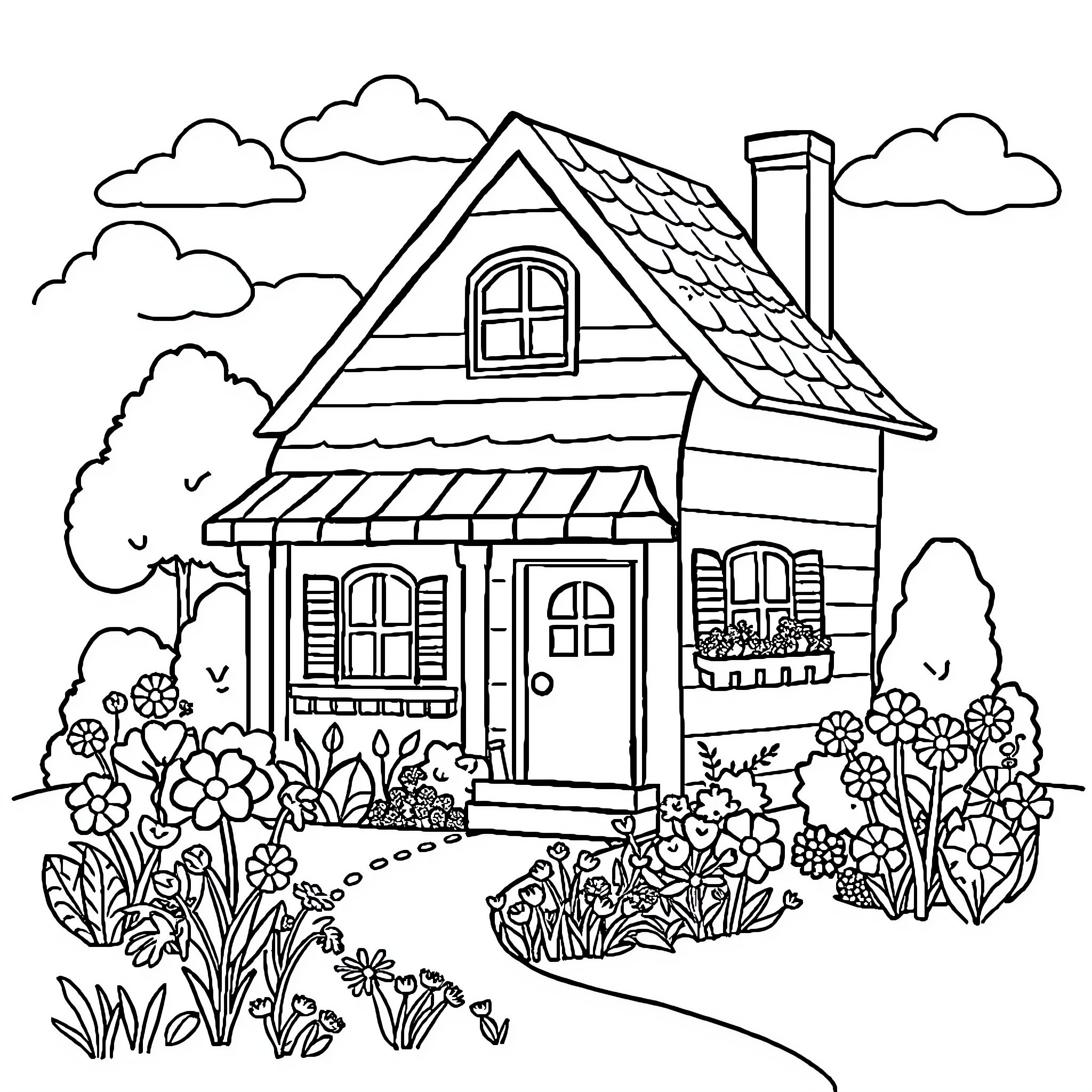 House with a Cozy Cottage and Blooming Garden Coloring Page (free black-and-white line drawing printable PDF for all, from beginners to advanced learners, including children, teens, adults, and seniors)