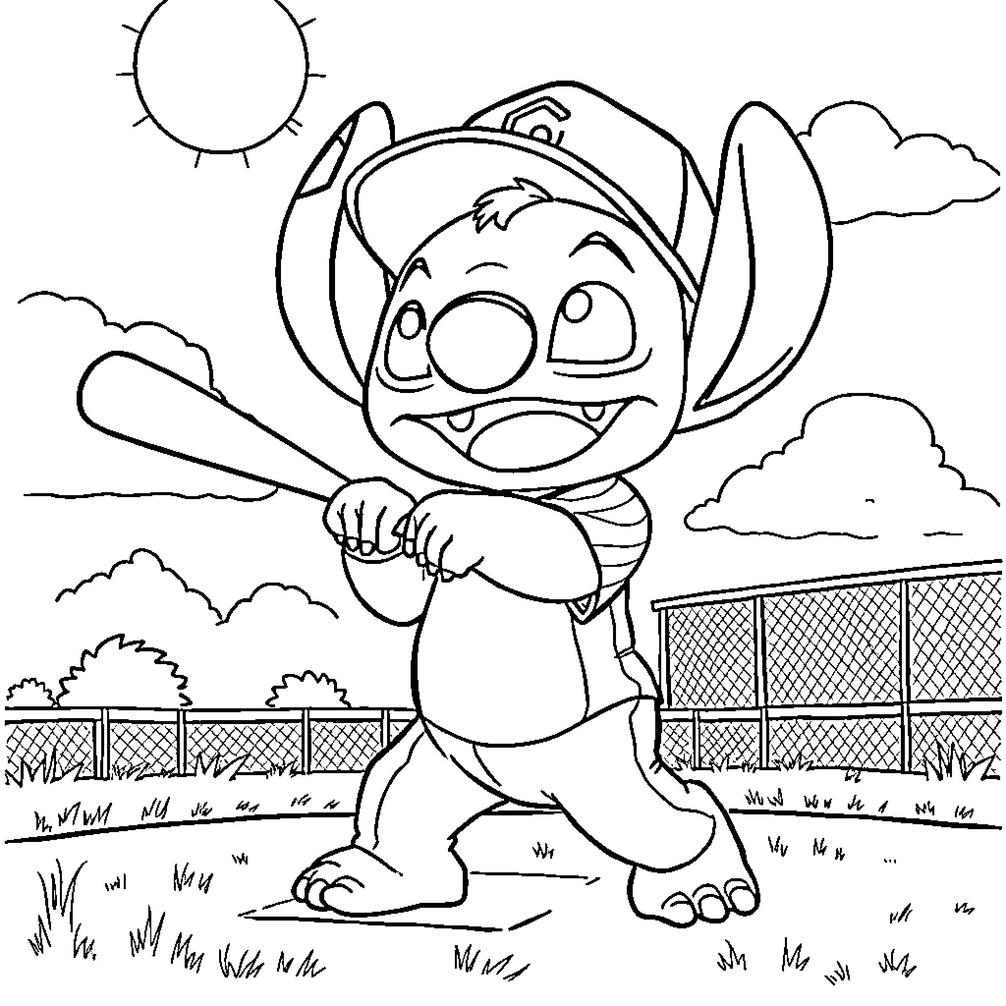 Stitch leaping joyfully in a lively outdoor scene Coloring Page (free black-and-white line drawing printable PDF for all, from beginners to advanced learners, including children, teens, adults, and seniors)