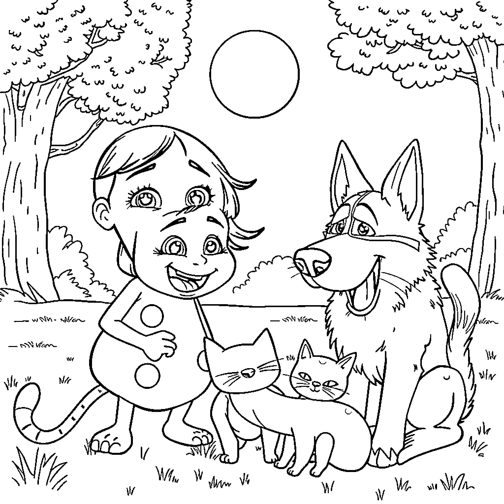 Boo's Woodland Friends Playing in the Moonlight Coloring Page (free black-and-white line drawing printable PDF for all, from beginners to advanced learners, including children, teens, adults, and seniors)