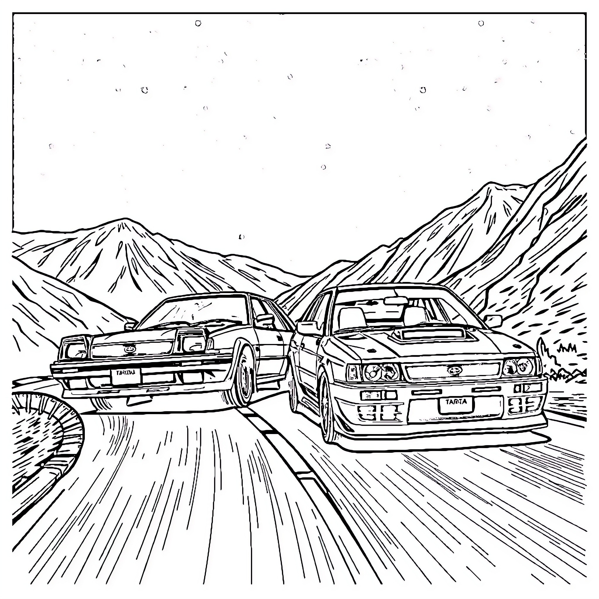 Cars racing through scenic mountain roads Coloring Page (free black-and-white line drawing printable PDF for all, from beginners to advanced learners, including children, teens, adults, and seniors)