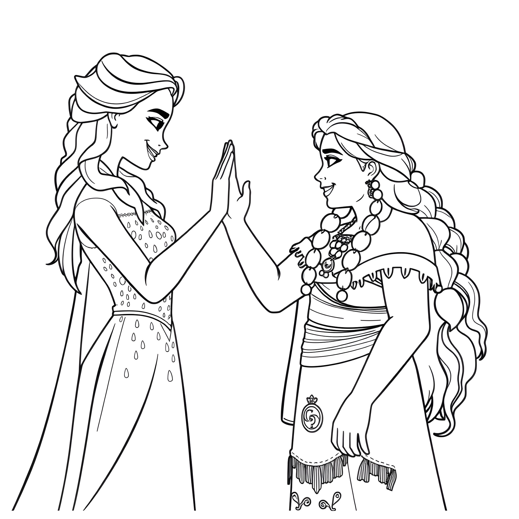 Elsa and Anna in traditional folk outfits Coloring Page (free black-and-white line drawing printable PDF for all, from beginners to advanced learners, including children, teens, adults, and seniors)