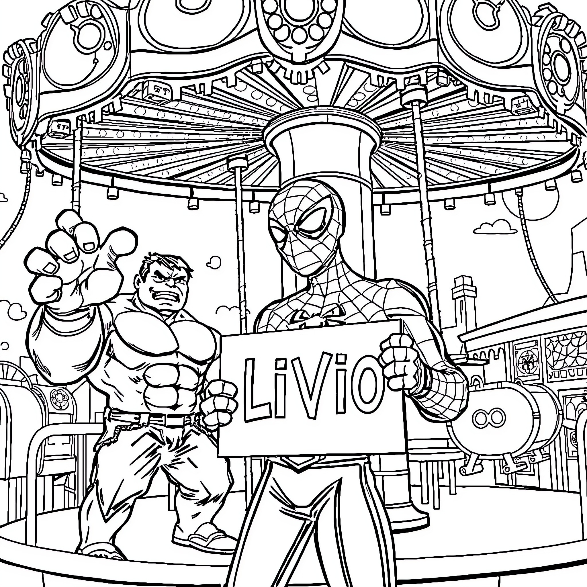 Spider-Man rescues civilians in a carnival-themed scene Coloring Page (free black-and-white line drawing printable PDF for all, from beginners to advanced learners, including children, teens, adults, and seniors)