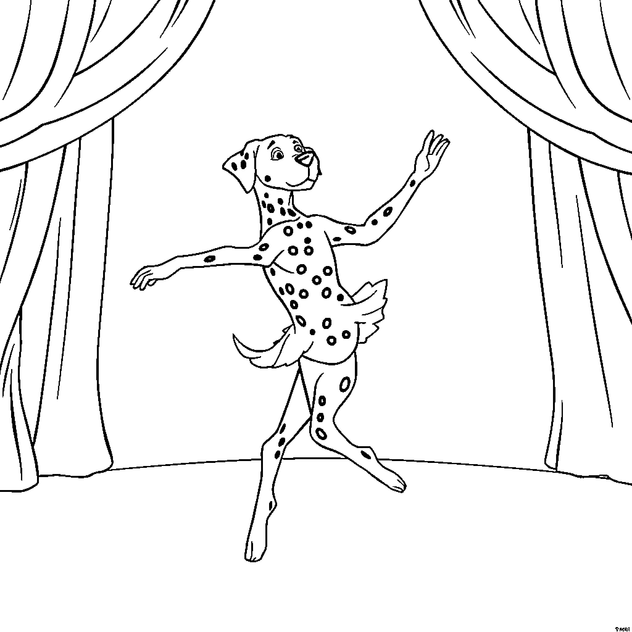 Dalmatian dancer performing on stage Coloring Page (free black-and-white line drawing printable PDF for all, from beginners to advanced learners, including children, teens, adults, and seniors)