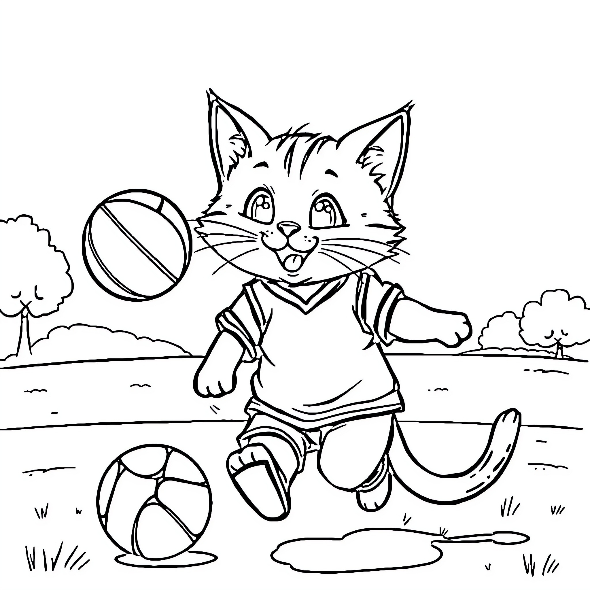 Cat enjoying a day playing with sports balls Coloring Page (free black-and-white line drawing printable PDF for all, from beginners to advanced learners, including children, teens, adults, and seniors)
