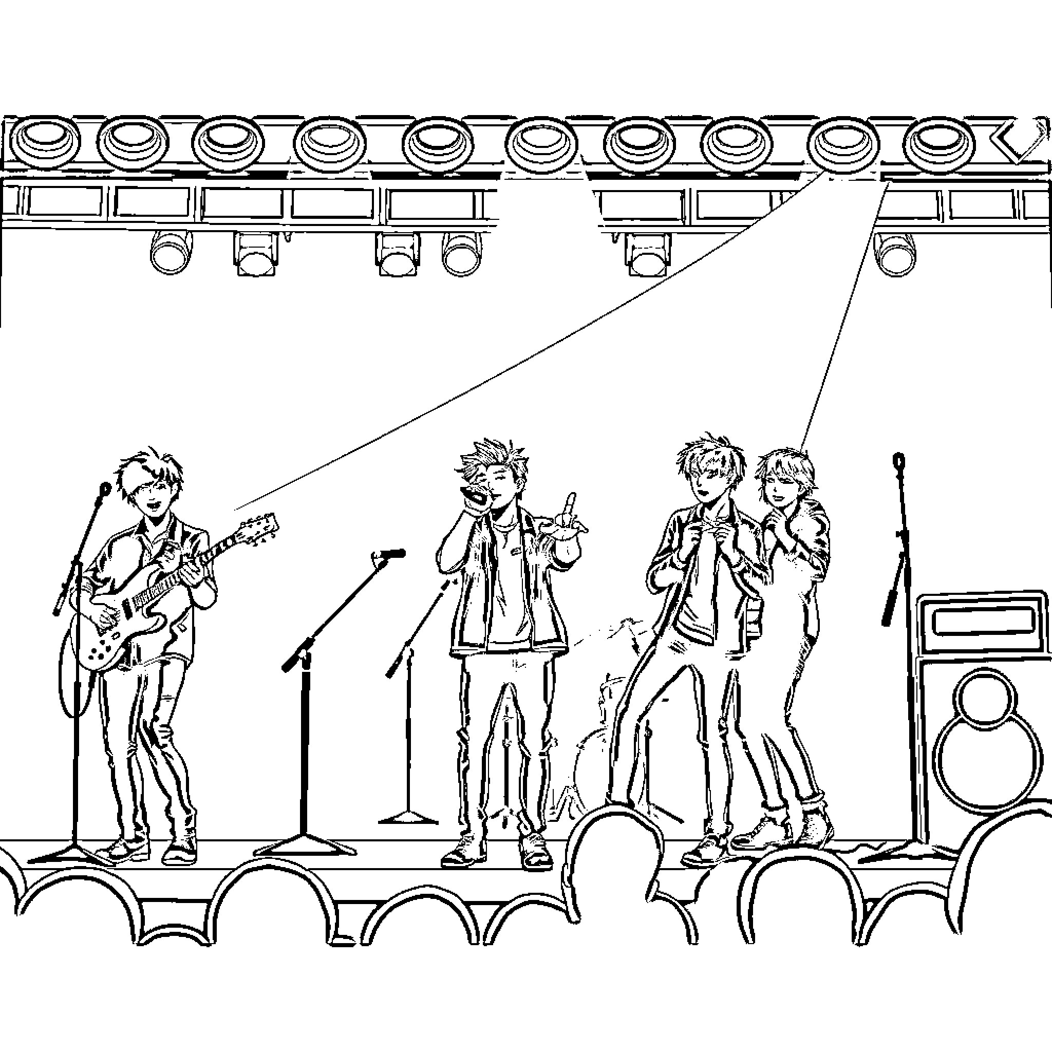 Stray Kids performing on stage with musical instruments Coloring Page (free black-and-white line drawing printable PDF for all, from beginners to advanced learners, including children, teens, adults, and seniors)